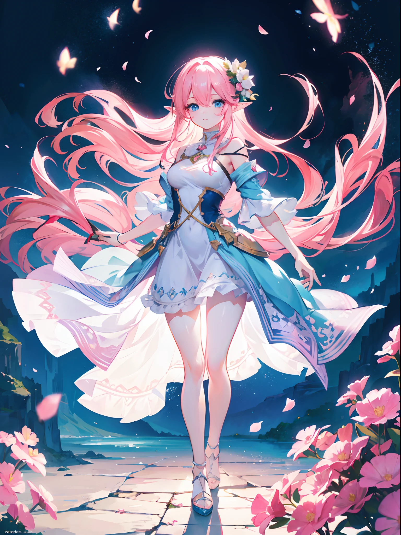 ((masterpiece:1.4,best quality))+,(Super detailed)+,(super detailed eyes)+,(Elf ears:1.5),(cute girls),15 years old,(Powder blue eyes:1.15),Long pale pink hair,curls,thick hair,red headband(changes through:1.2),Pale complexion,脸红并Smile,blood stains(她穿着的白色异域dance服装,Lilac pattern,Lots of fluff:1.5),(cyan feather hair accessories:1.4)Chain bracelet,pearl necklace,black earring ballad,coral reef,Menghua,gemstone jewelry,sea of clouds and coral,huge white ribbon,Conch headdress,black veil,Shell decoration,Fishbone decoration,With your back to everyone,take off shoulders
(Fishtail:1.1),
(Dawn light:1.2),
(Thick black and white:1.16),White lace garter stockings,(depth of field:1.4)intricate details,blended colors,Detailed route,Excellent,Super details,The content is very detailed,(high contrast:1.11),wind,Amazing cleavage,beautiful eyes,messy hair,(best illuminate,extremely delicate and beautiful), ((light)), (View from the side:1.3),8k,masterpiece,best quality,movie stills,1 plump girl,(Close-up cleavage:1.1),bright,happiness,interesting,soft light,(Bauhaus,shape,line engineering,Abstract:1.1)official art, Unity 8k桌布, super detailed, Beautiful and beautiful, masterpiece, best quality, (dynamic angle:1.4),浪漫 depth of field 异调_dance,PerfectNwsjMajic,(masterpiece,top quality,best quality,official art,Beauty and Aesthetics:1.2),The content is very detailed,rich and colorful,highest detail,full-body shot,Smile