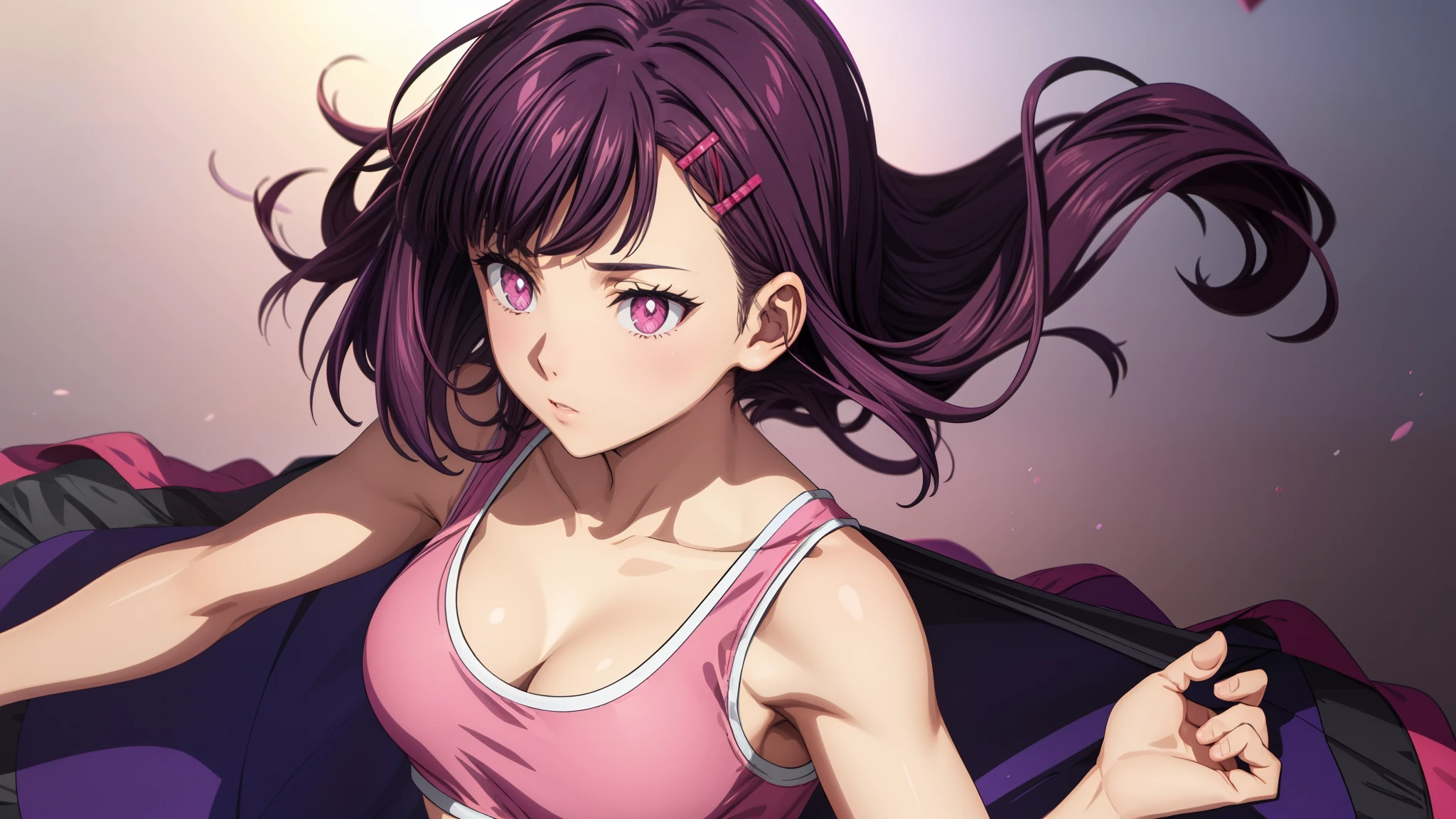 1girl, focused upper body, realistic, short dark purple hair, hair clip, purple eyes, standing pose, (pink tanktop and skirt), purple particles background