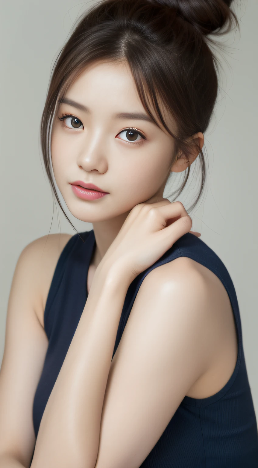 Realistic photos of (1 cute Korean star) medium hair, slightly smile, 32 inch breasts size, wearing tank top, close-up, UHD