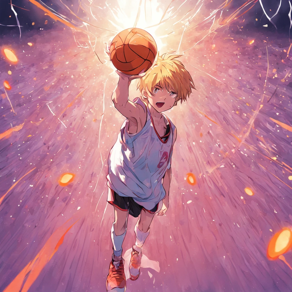 A teenager，Practicing shooting moves，basketball ball，Far mobilization，Stick figure style，Line Style，white backgrounid