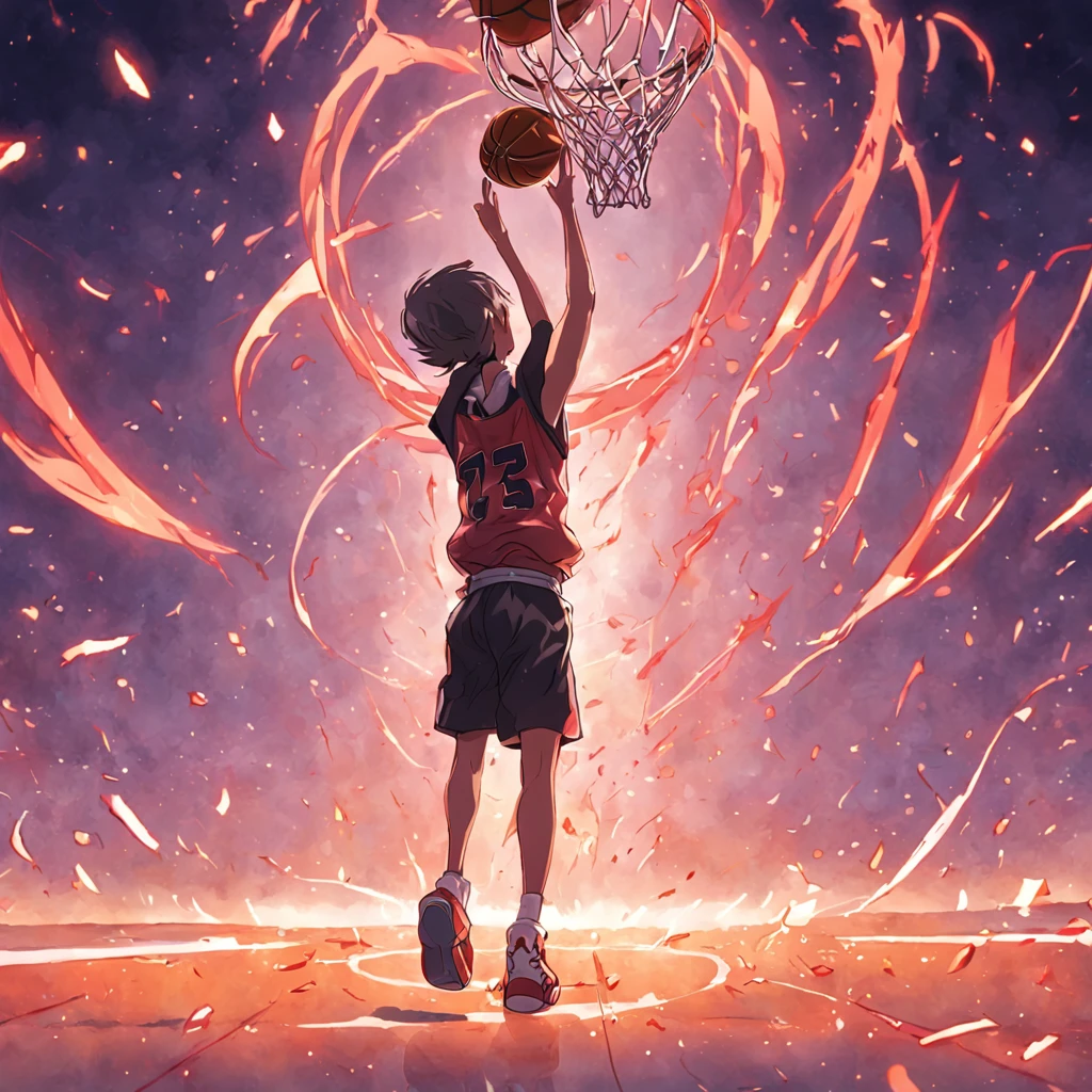 A teenager，Practicing shooting moves，basketball ball，Far mobilization，Stick figure style，Line Style，white backgrounid