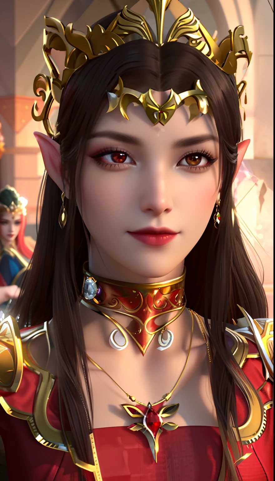 Close-up of a woman in a red dress and gold jewelry, beautiful and elegant elf queen, a beautiful fantasy empress, portrait of an elf queen, elven character with smirk, she has elf ears and gold eyes, An elf queen, beautiful elven princess, Inspired by Lan Ying, elven princess, fairy queen, xianxia fantasy