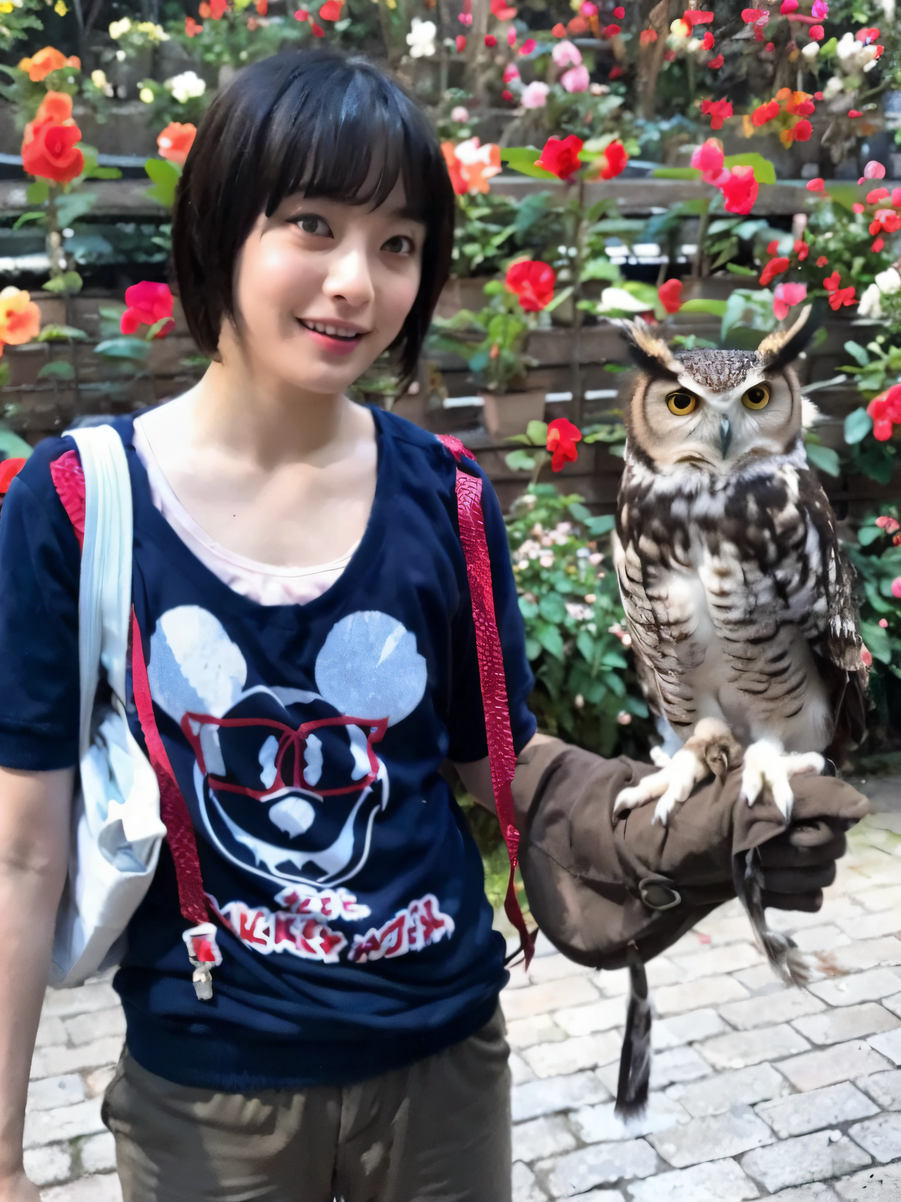 There is a woman holding an owl in her arms, With a giant robot owl, with a cute fluffy owl, with an owl on her shoulder, With magical creatures, owls, hana yata, by disney!!, Photo ( far _ shot ), very very small owl, hiro, Takeyuki Kanda, in Tokyo under, Filmed at the zoo, At Disney, shrine maiden