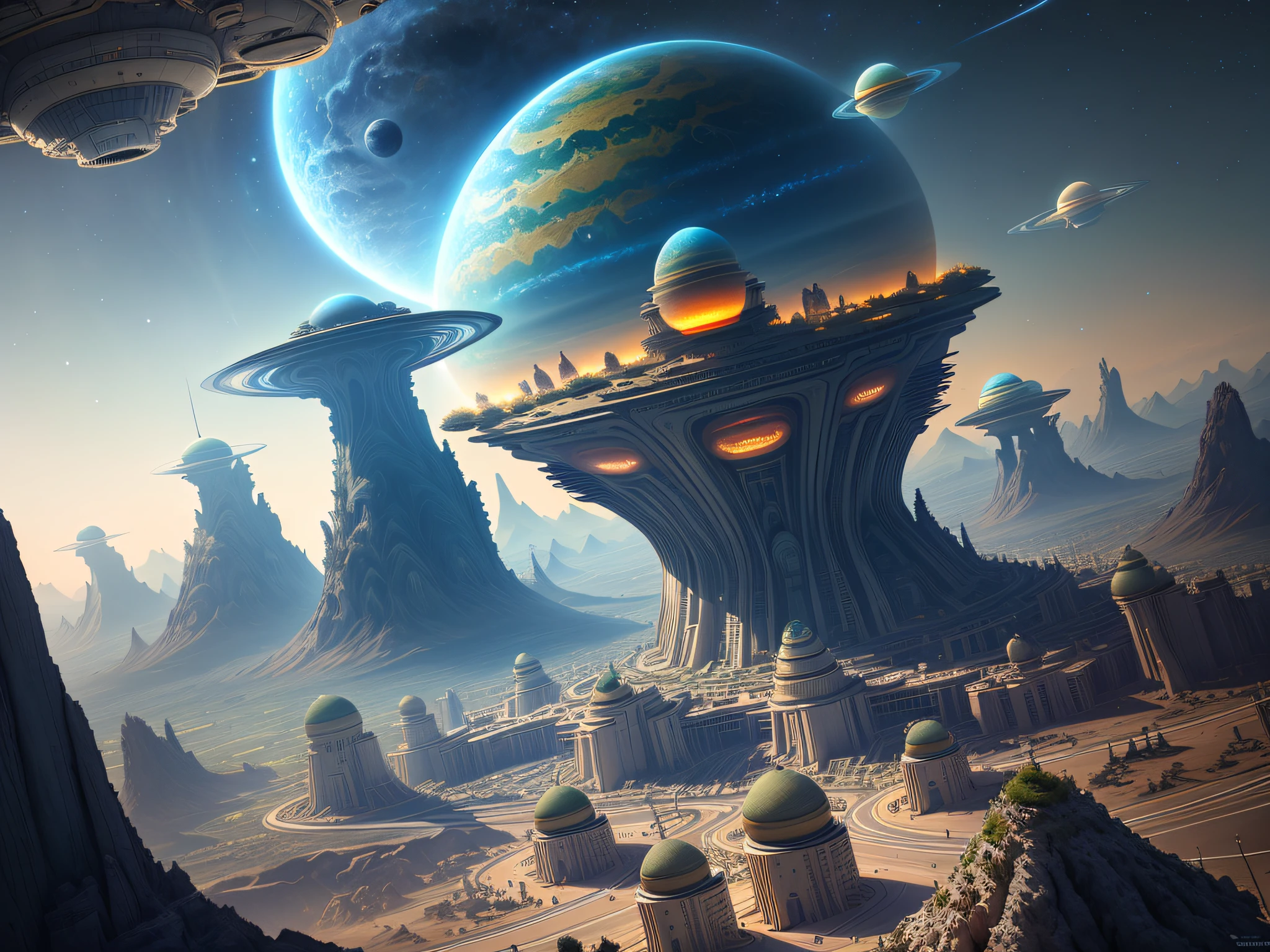 Extraterrestrial surface, Ground city，Highest quality，Outer planets, alien city, Giant planets in the sky