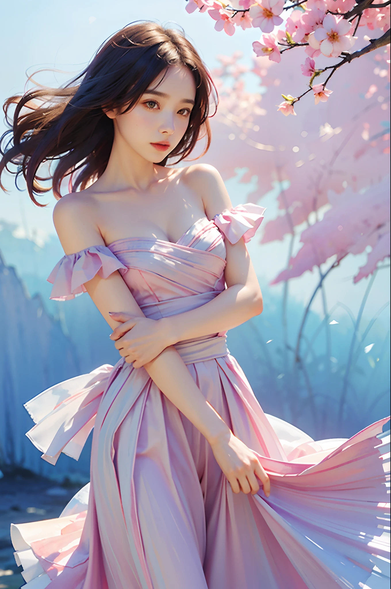 1girl,flower, Lisianthus ,in the style of light pink and light azure, dreamy and romantic compositions, pale pink, ethereal foliage, playful arrangements,fantasy, high contrast, ink strokes, explosions, over exposure, purple and red tone impression , abstract, ((watercolor painting by John Berkey and Jeremy Mann )) brush strokes, negative space,