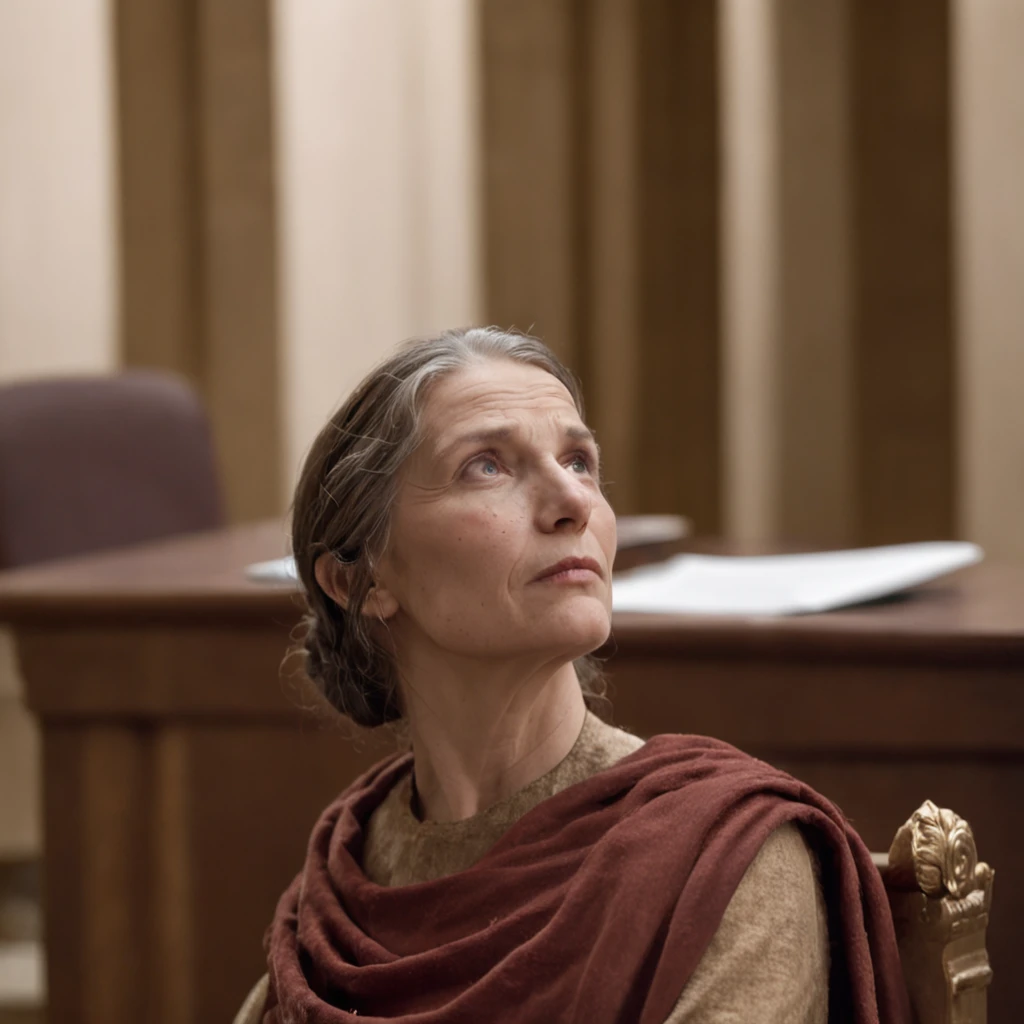 Illustrate a courtroom scene where Julius Caesar stands as a witness during Pompeia's trial. Emphasize the tension in the room and the dignified demeanor of Caesar.