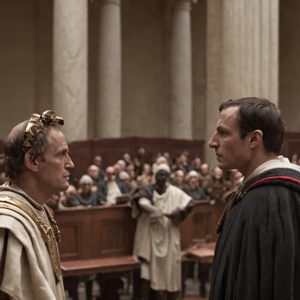 Illustrate a courtroom scene where Julius Caesar stands as a witness during Pompeia's trial. Emphasize the tension in the room and the dignified demeanor of Caesar.