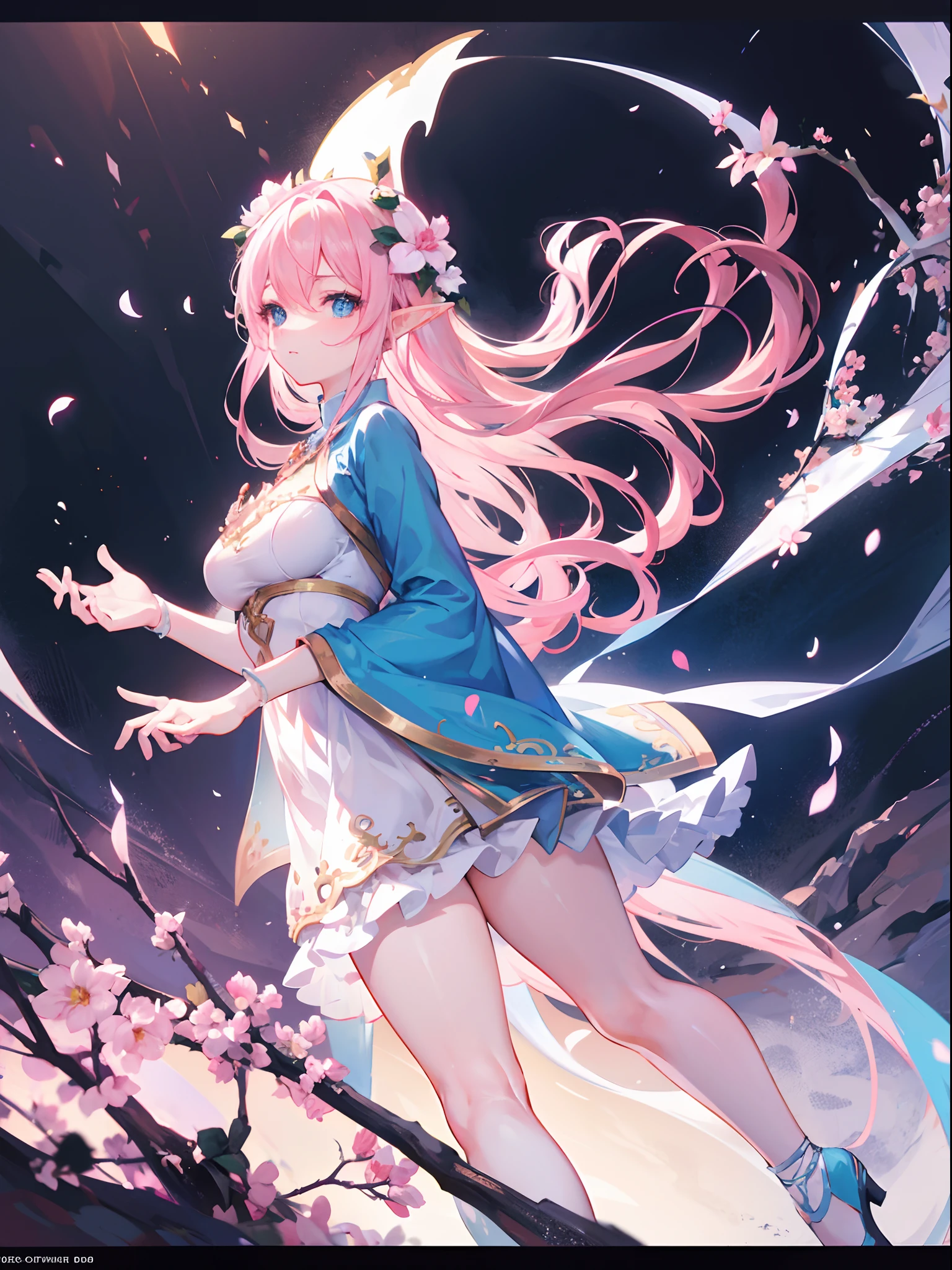 cute elf, long light pink hair, flowers in hair, blue eyes, cute dress, full body, artstation, illustration, dynamic soft lighting, fantasy framing, high resolution 4k, hdr, stylistic,