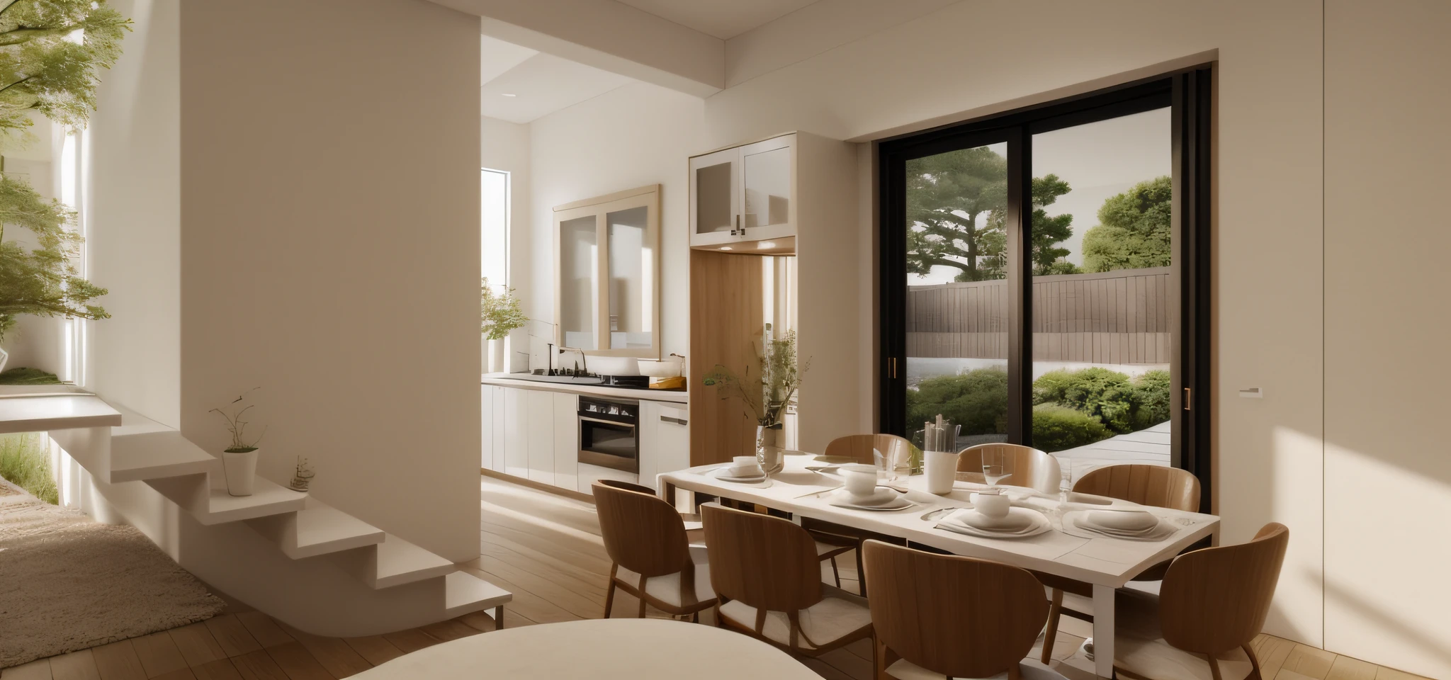 (JAPAN Kitchen:1.2), (actual photo:1.2), (dinner details:1.2), daylight, Unreal Engineer 8K, full HD 8K, cinema light, warm light, drawing kitchen with dining table and chairs, minimalist and beautiful kitchen, deep colors with minimalism, cream and white color scheme, neat, modern neo-traditional minimalism, brown and white color scheme, modern and minimalist, modern neutral earth color, elegant and sophisticated, scandinavian style design, deep color. minimalist color palette, mostly white