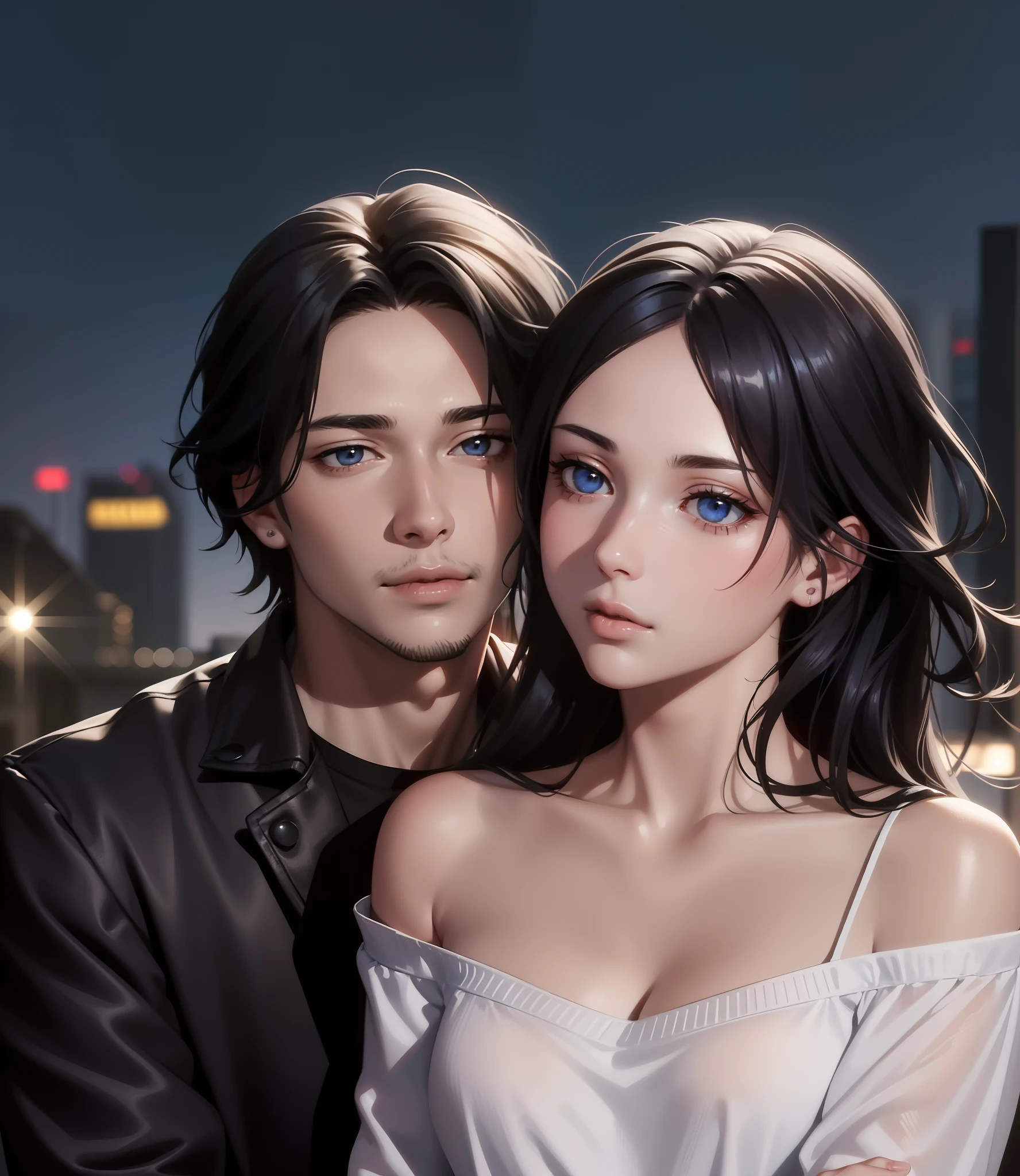 2 people, woman and man, Attractive profile picture, masterpiece, ultra-precise rendering, beautiful and cool young woman, trustworthy, dependable young woman, savior of the world, simple design, most beautiful image, 4K, black hair, blue eyes, beautiful woman, handsome man, facial hair