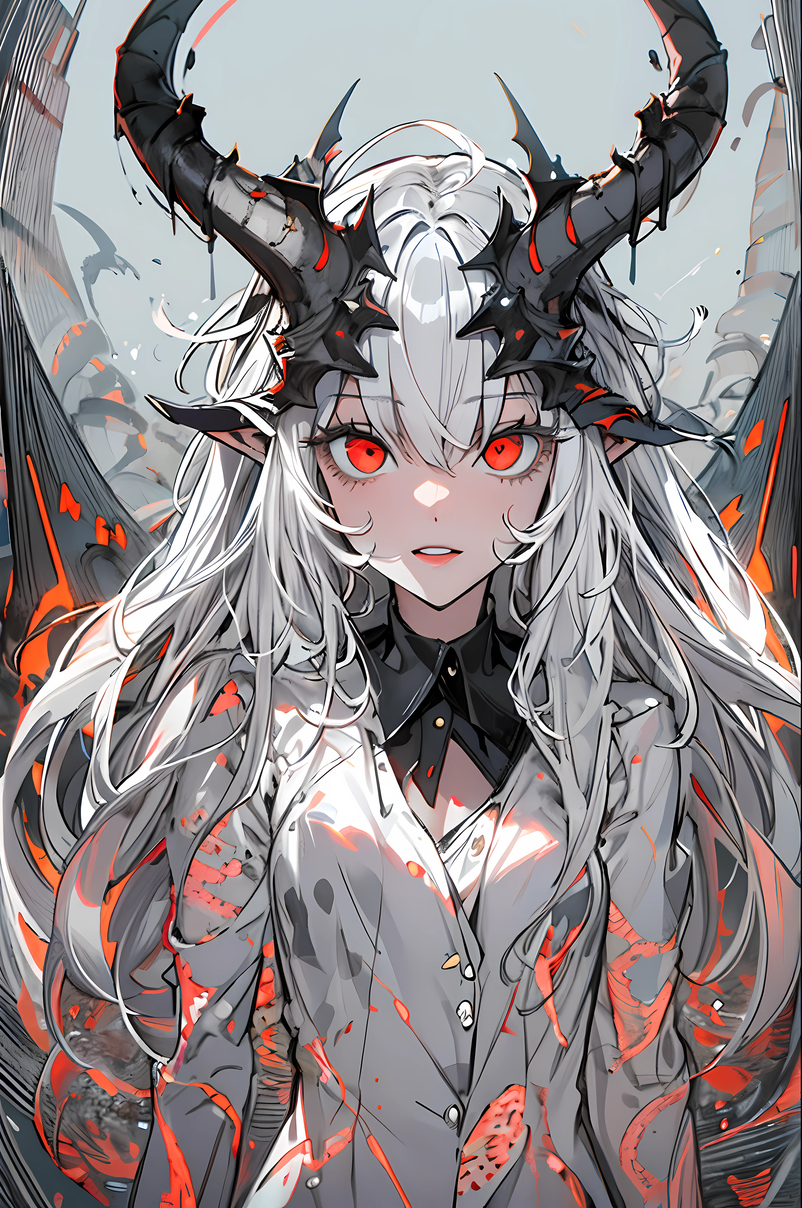 masterpiece, best quality, ultra-detailed, absurdres, colorful, 1girl, solo, (solid red eyes:1.0), (white hair, long hair, straight hair, hair over one eye:1.0), detailed eyes, wide-eyed, eyelashes, (upper body:0.8), monster girl, side view, glowing eyes, tilted head, night, black suit, pointy ears, horror, dark, black background, looking at viewer, crown, high contrast, backlighting, (standing:0.8), aura, fractal background, chaotic, spiral, demon horns, energy, mosaic, inferno