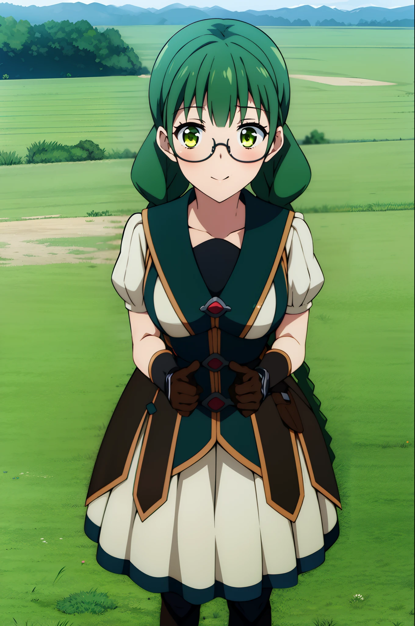 rishia full body, 1girl, solo, green hair, green eyes, twin braids, gloves, medium breasts, beautiful face, smile, (masterpiece:1.2), best quality, absurdres, highres, extremely detailed wallpaper, perfect lighting, outdoors, grass, field, looking at viewer, (((glasses:0.9))), ((tsundere)), tall, beautiful, medium breast, ((round eyewear:0.9)), ((military pants:0.5)), ((polo shirt:0.4)), cowboy shot, portrait