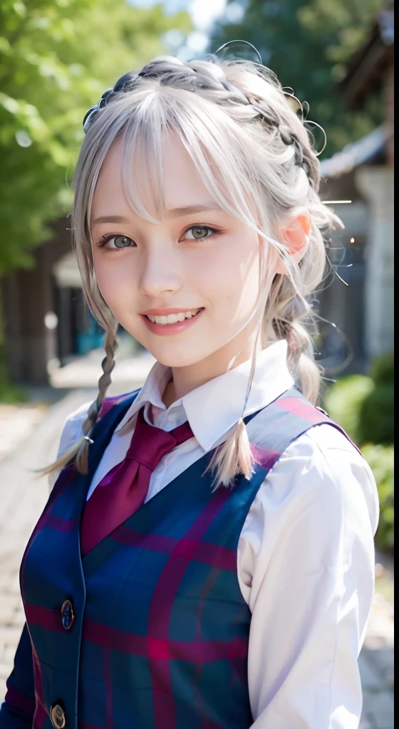(ultra-detailliert), Tartan check jacket,high-school uniform、Blue eyes,The upper part of the body、a closeup、faces、(A smile:1.5),(facing front:1.2), 20yr old, s girl,no tail,(no tail),2D, masterpiece, top-quality, animesque, A detailed eye, A detailed face, girl with, Only 1 person,Silver medium hair, (Silvery head hair), Ear Hair, small tits, Single braid, (Single braid), (Side braid), Pink ribbon, Ribbon around the neck, Background bokeh
