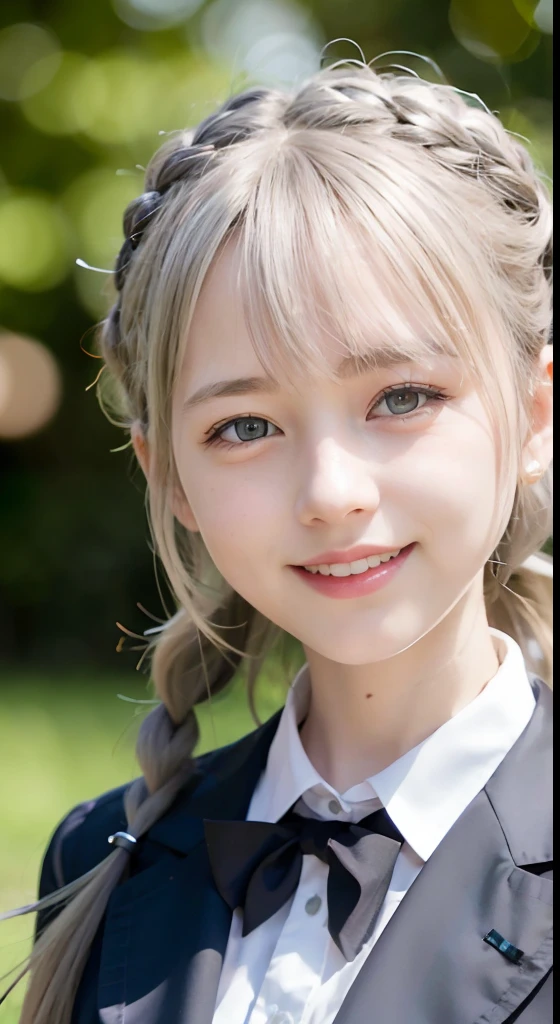 (ultra-detailliert), Tartan check jacket,high-school uniform、Blue eyes,The upper part of the body、a closeup、faces、(A smile:1.5),(facing front:1.2), 20yr old, teens girl,no tail,(no tail),2D, ​masterpiece, top-quality, animesque, A detailed eye, A detailed face, girl with, Only 1 person,Silver medium hair, (Silvery head hair),  Ear Hair, small tits, Single braid, (Single braid), (Side braid), Pink ribbon, Ribbon around the neck, Background bokeh