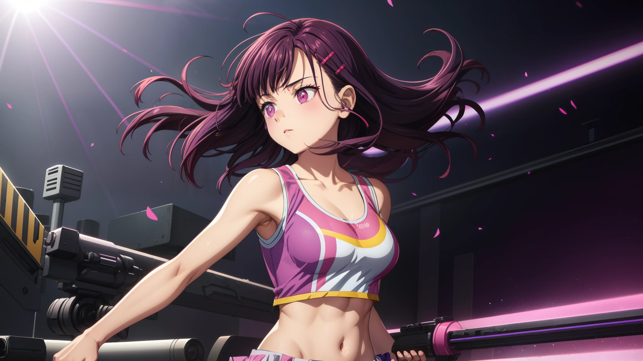 1girl, focused upper body, realistic, short dark purple hair, hair clip, purple eyes, standing pose, (pink tanktop and skirt), purple rays and particles background