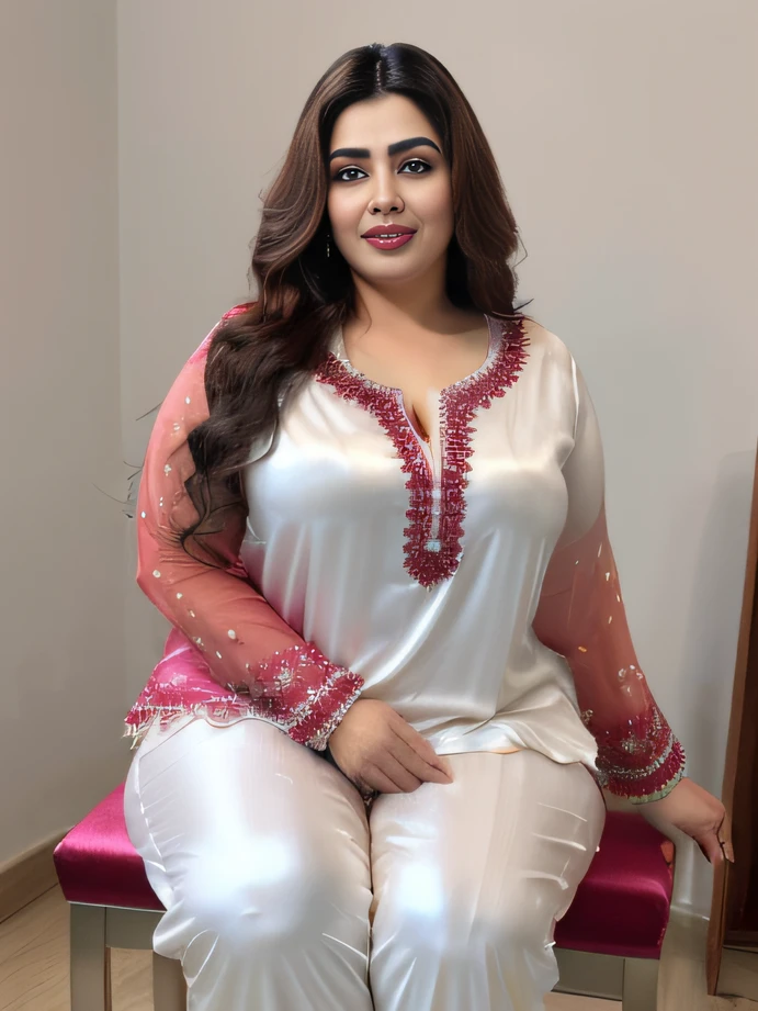 (Best Quality, 8k, 32k, Masterpiece, UHD: 1.3), A full length portrait, alluring plus sized model, pakistani woman, pakistani beauty, (full lips) ((tight satin white and raspberry red clothes)) tight pakistani clothes, [curvy figure] (fuller lips) realistic features, high definition, 1 woman, ((solo)) posing for picture, she is wearing sandals, full body portrait (wearing tight satin trousers) skin spots, detailed skin, pores, detailed skin, photorealism, photorealistic, (low quality light) unprofessional lighting (stylish hair) (evening) (dupatta) (character in various poses and gestures) (stool) (visible facial pores:1.2), (extremely detailed face:1.5), ([(realistic:1.125)|(matte:1.125)|extremely detailed|natural|beautifully styled] human hair:1.5), ([gorgeous|beautiful|sexy] [eyes|face|lips|woman]:1.5), (large [hips|fake lips|breasts]:1.25), human skin has [visible|[(wrinkles:0.625)|small pores]] ((hard light))