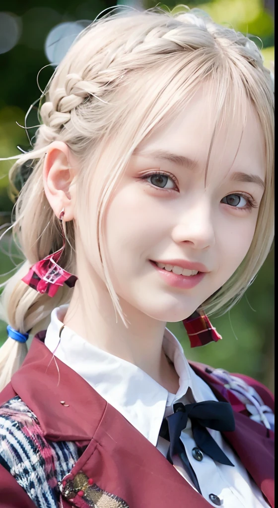 (ultra-detailliert), Tartan check jacket,high-school uniform、Blue eyes,The upper part of the body、a closeup、faces、(A smile:1.5),(facing front:1.2), 20yr old, s girl,no tail,(no tail),2D, masterpiece, top-quality, animesque, A detailed eye, A detailed face, girl with, Only 1 person,Silver medium hair, (Silvery head hair), Ear Hair, small tits, Single braid, (Single braid), (Side braid), Pink ribbon, Ribbon around the neck, Background bokeh
