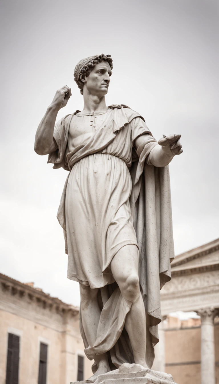 A dark landscape image of an ancient greek society deeply connected to stoicism, black and white, ancient greek architecture, include one single big statue of a stereotypical strong greek man, marcus aurelius --ar 16:9 --