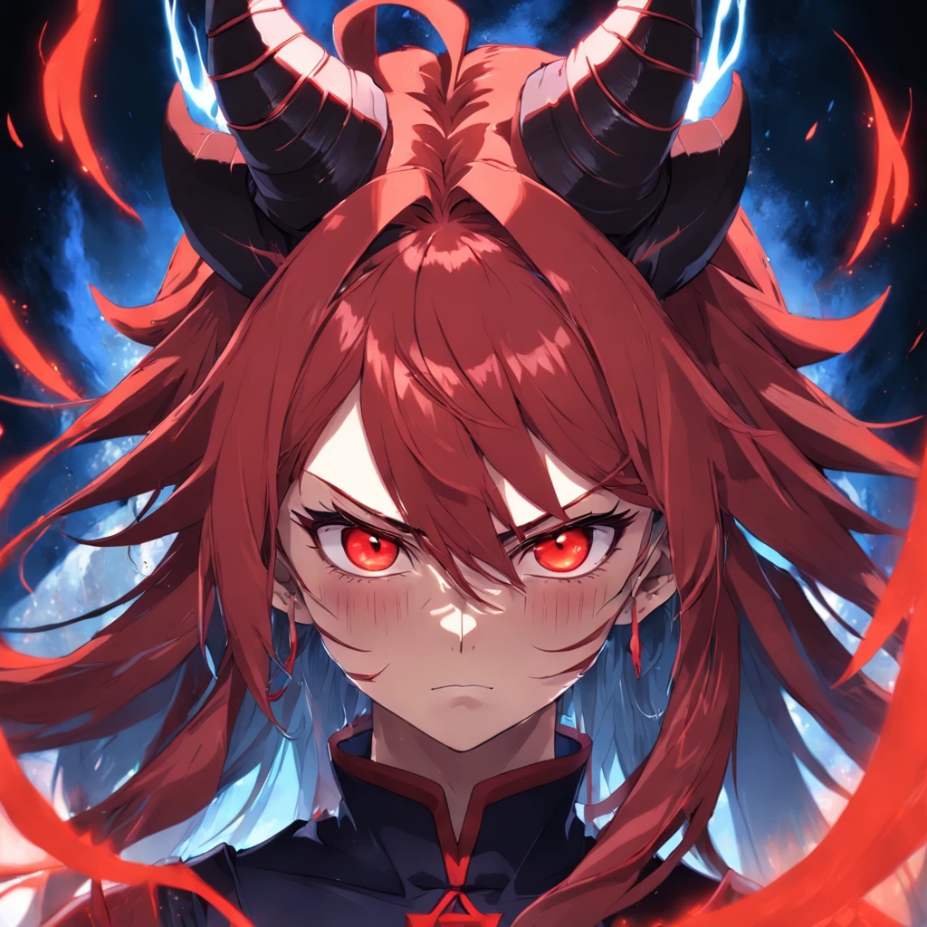 masterpiece, best quality, 1 male, red Oni, long brown hair, two horns coming from his forehead, and glowing red eyes