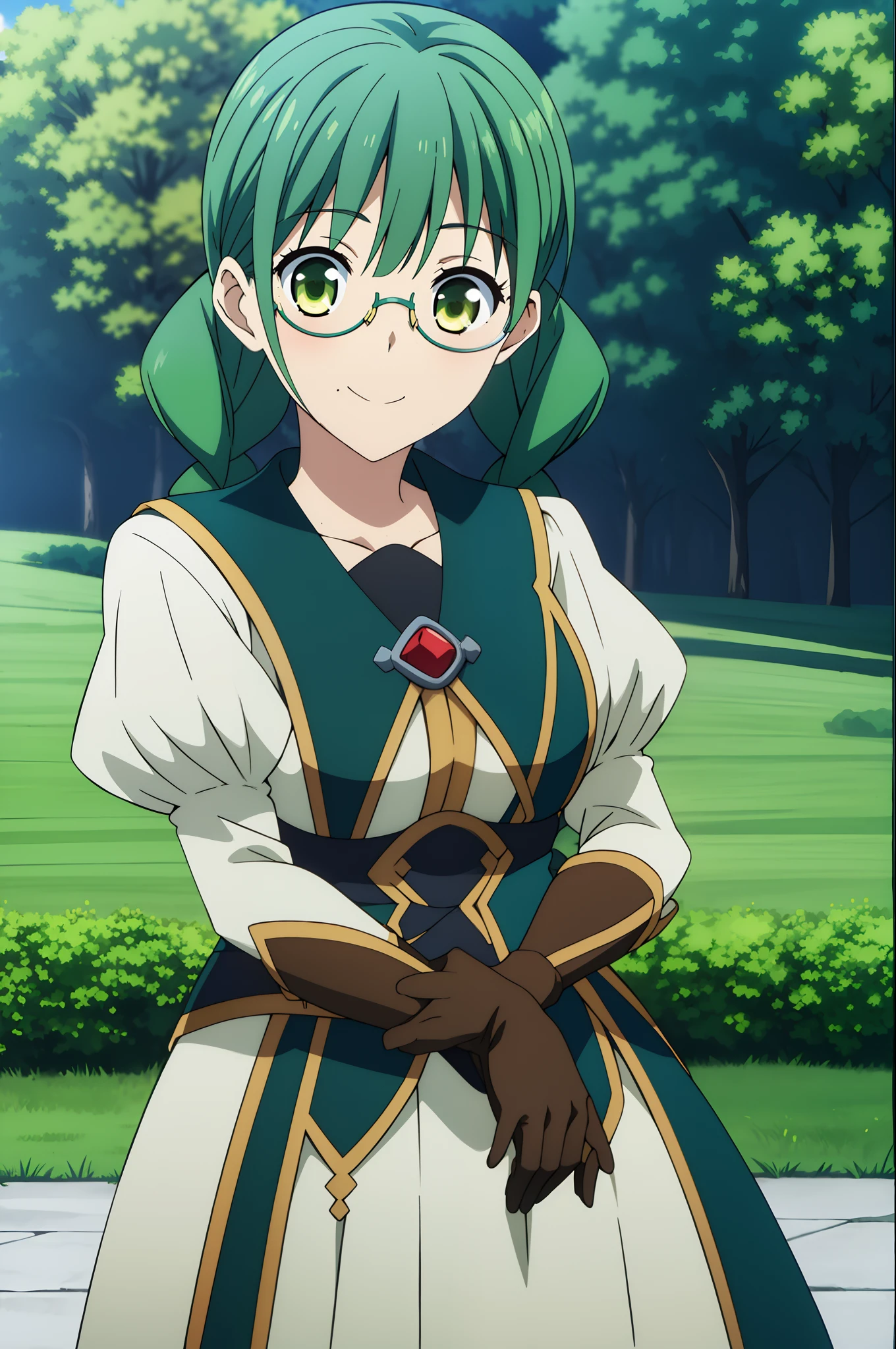 rishia full body, 1girl, solo, green hair, green eyes, twin braids, gloves, medium breasts, beautiful face, smile, (masterpiece:1.2), best quality, absurdres, highres, extremely detailed wallpaper, perfect lighting, outdoors, grass, field, looking at viewer, (((glasses:0.9))), ((tsundere)), tall, beautiful, medium breast, ((round eyewear:0.9)), ((military pants:0.5)), ((polo shirt:0.4)), cowboy shot, portrait, (((mature female))), (milf), look at viewer