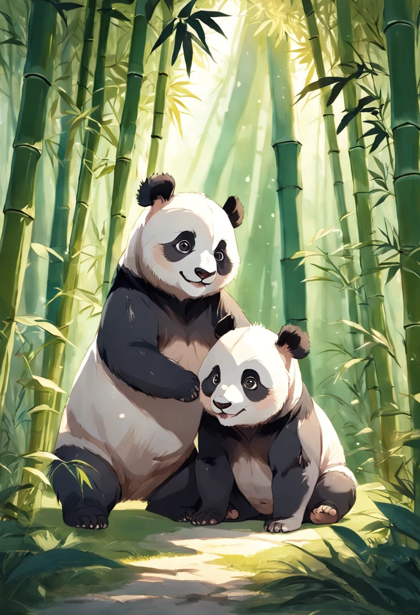 Two adorable furry panda cubs wallow in a sunny bamboo glade, Warm light filters through the leaves. Detailed fur texture, Peaceful and natural mood, Gentle lighting. Traditional watercolor style. --AR 4:5 --s 400 --niji 5