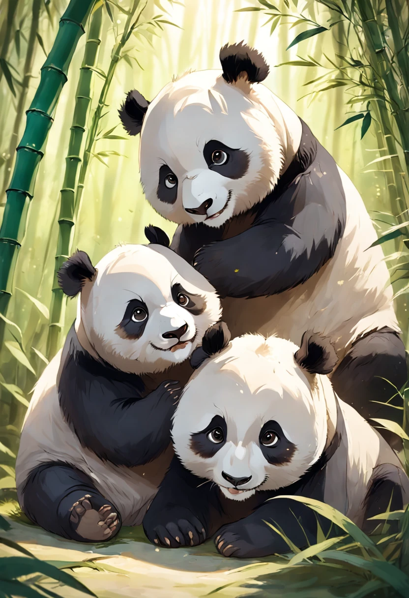 Two adorable furry panda cubs wallow in a sunny bamboo glade, Warm light filters through the leaves. Detailed fur texture, Peaceful and natural mood, Gentle lighting. Traditional watercolor style. --AR 4:5 --s 400 --niji 5