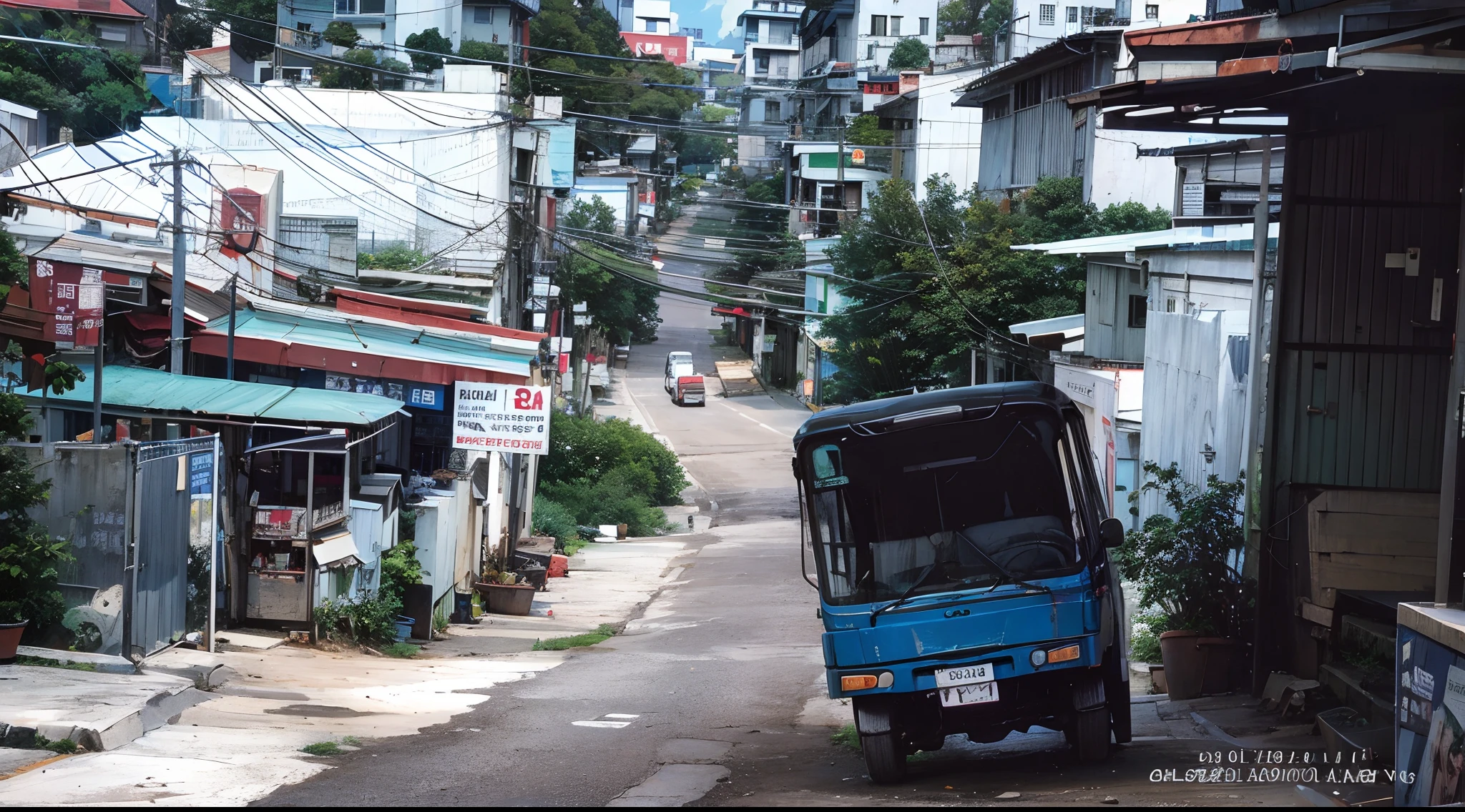 there is a blue bus that is parked on the side of the road, vietnam, sloped street, fuji 4 0 0 h, taken in 1 9 9 7, taken in the early 1990s, hilly road, photograph of the city street, taken in the late 1980s, phuoc quan, long shot kodak portra 4 0 0