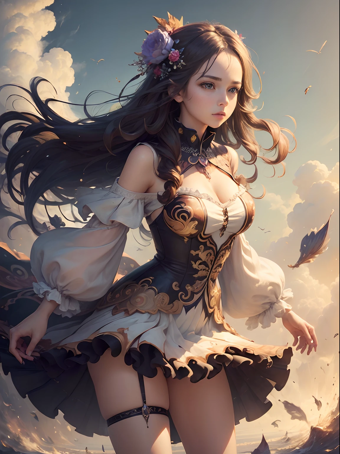 (masterpiece, best quality:1.5),fractal art,Beautiful girl about to be blown away by the wind、tornado