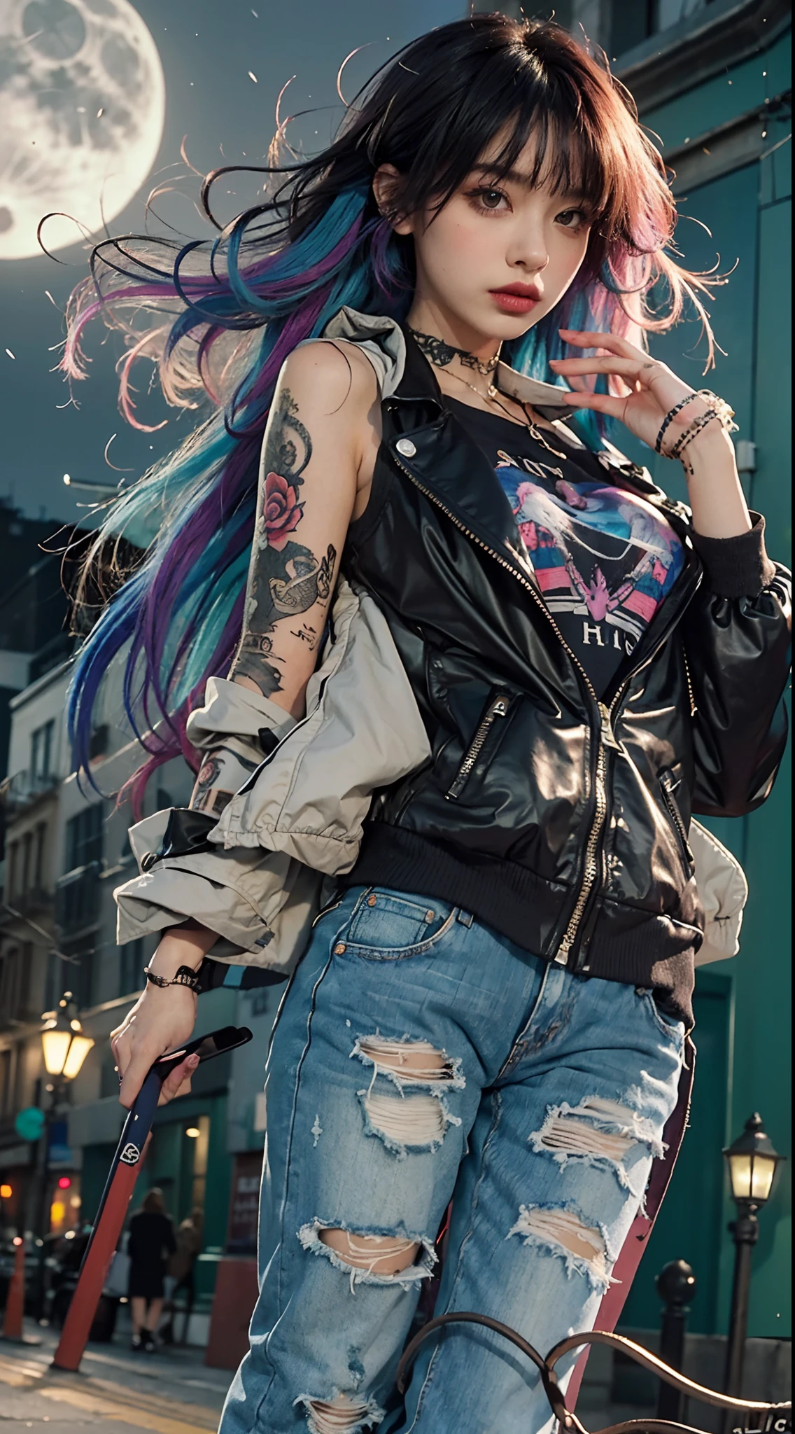 (masterpiece, best quality), 1girl, emo, beautiful hair, colorful hair, intricate jacket, jeans, magical tattoos, perfect night, moonlight, street