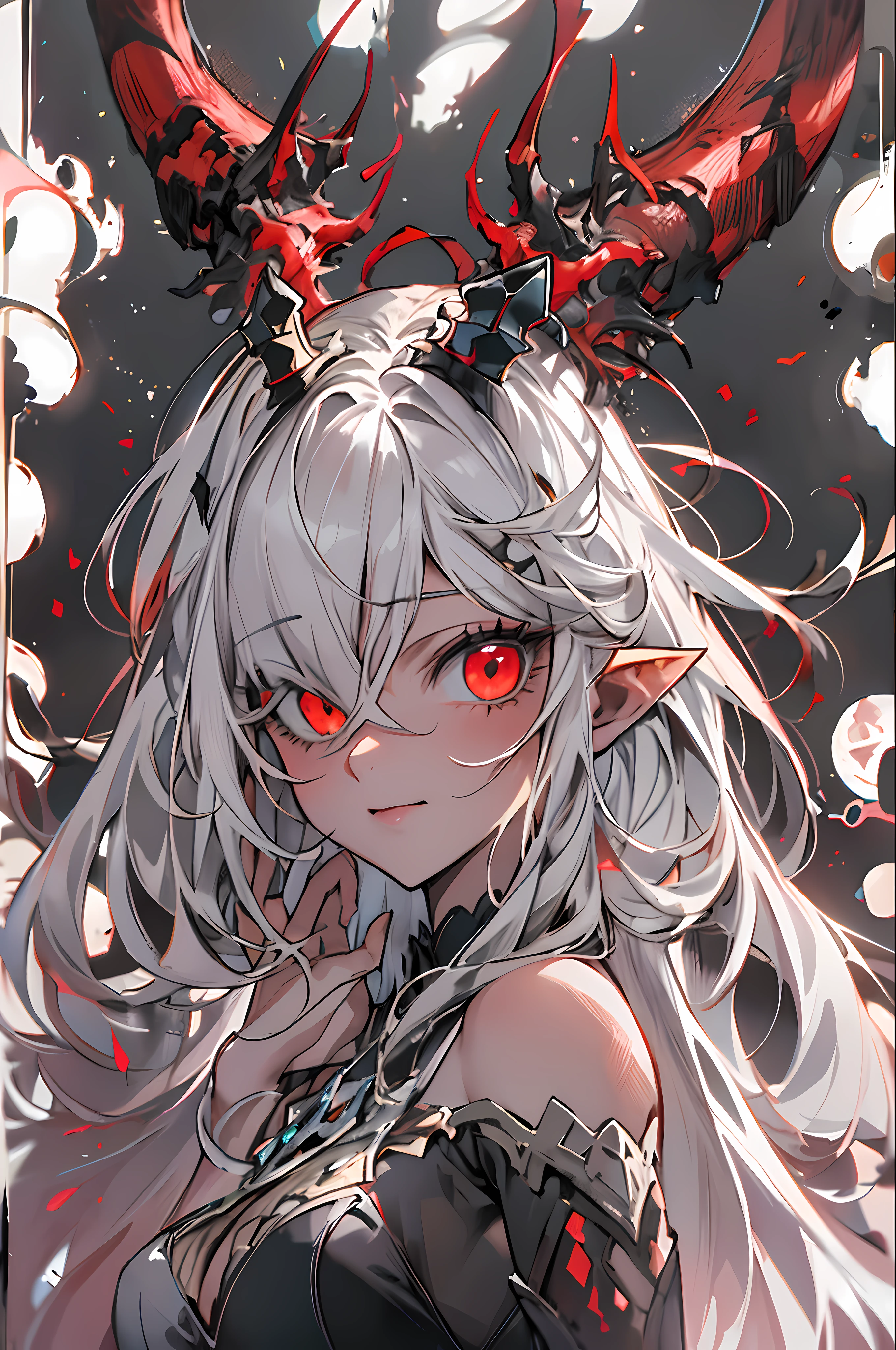 masterpiece, best quality, ultra-detailed, absurdres, colorful, 1girl, solo, (solid red eyes:1.0), (white hair, long hair, straight hair, hair over one eye:1.0), detailed eyes, wide-eyed, eyelashes, (upper body:0.8), monster girl, side view, glowing eyes, tilted head, night, black suit, pointy ears, horror, dark, black background, looking at viewer, crown, high contrast, backlighting, (standing:0.8), aura, fractal background, chaotic, spiral, demon horns, energy, mosaic, inferno