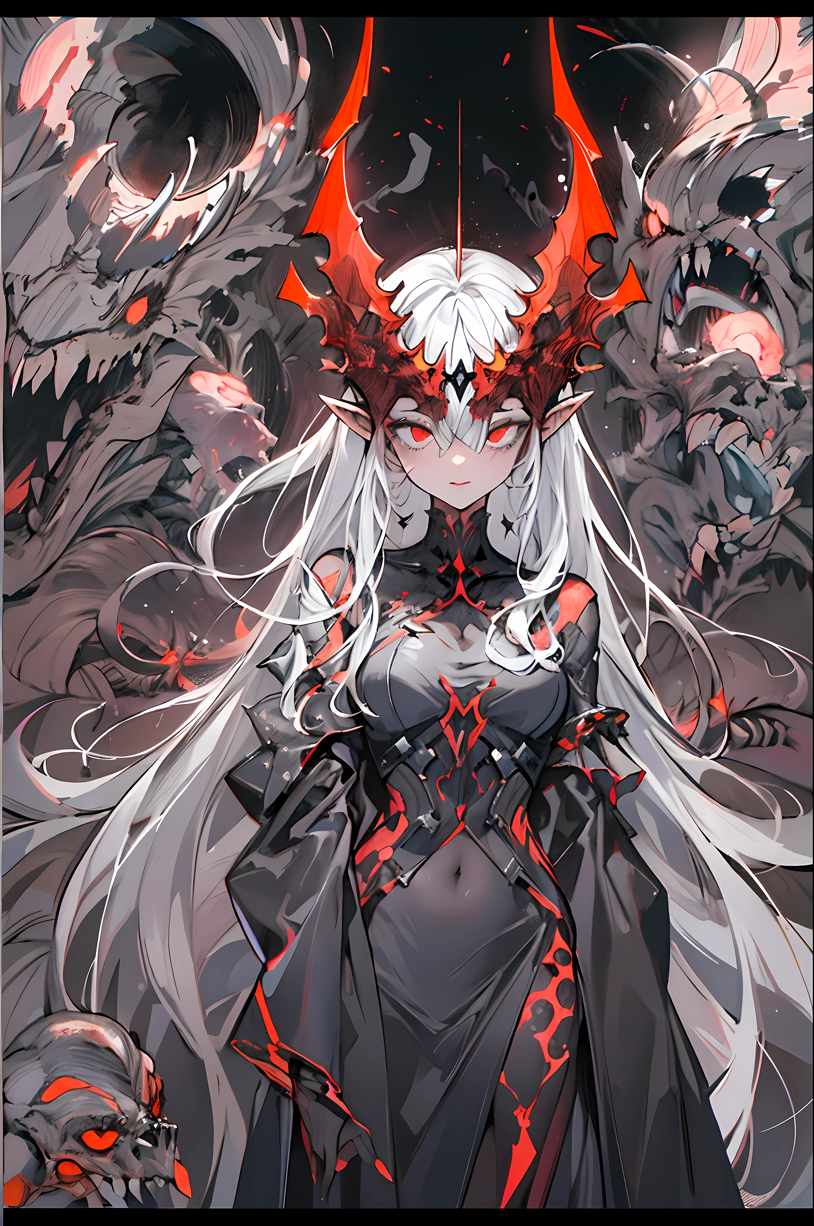 masterpiece, best quality, ultra-detailed, absurdres, colorful, 1girl, solo, (solid red eyes:1.0), (white hair, long hair, straight hair, hair over one eye:1.0), detailed eyes, wide-eyed, eyelashes, (upper body:0.8), monster girl, side view, glowing eyes, tilted head, night, black suit, pointy ears, horror, dark, black background, looking at viewer, crown, high contrast, backlighting, (standing:0.8), aura, fractal background, chaotic, spiral, demon horns, energy, mosaic, inferno