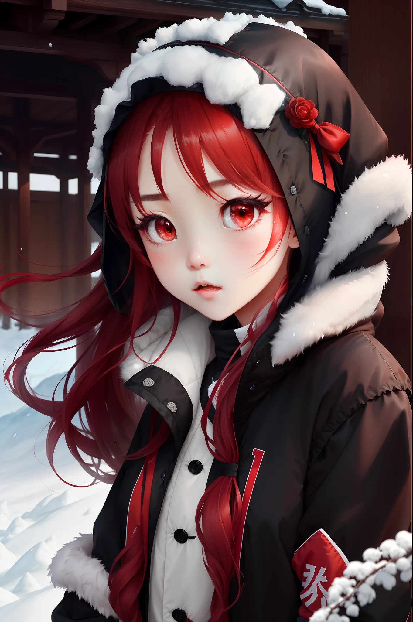 High cold girl,Long black hair to two-thirds of the chest and the tail fades to red hair,The eyes are apricot red,The clothes are simple and suitable for the aristocratic temperament of sports