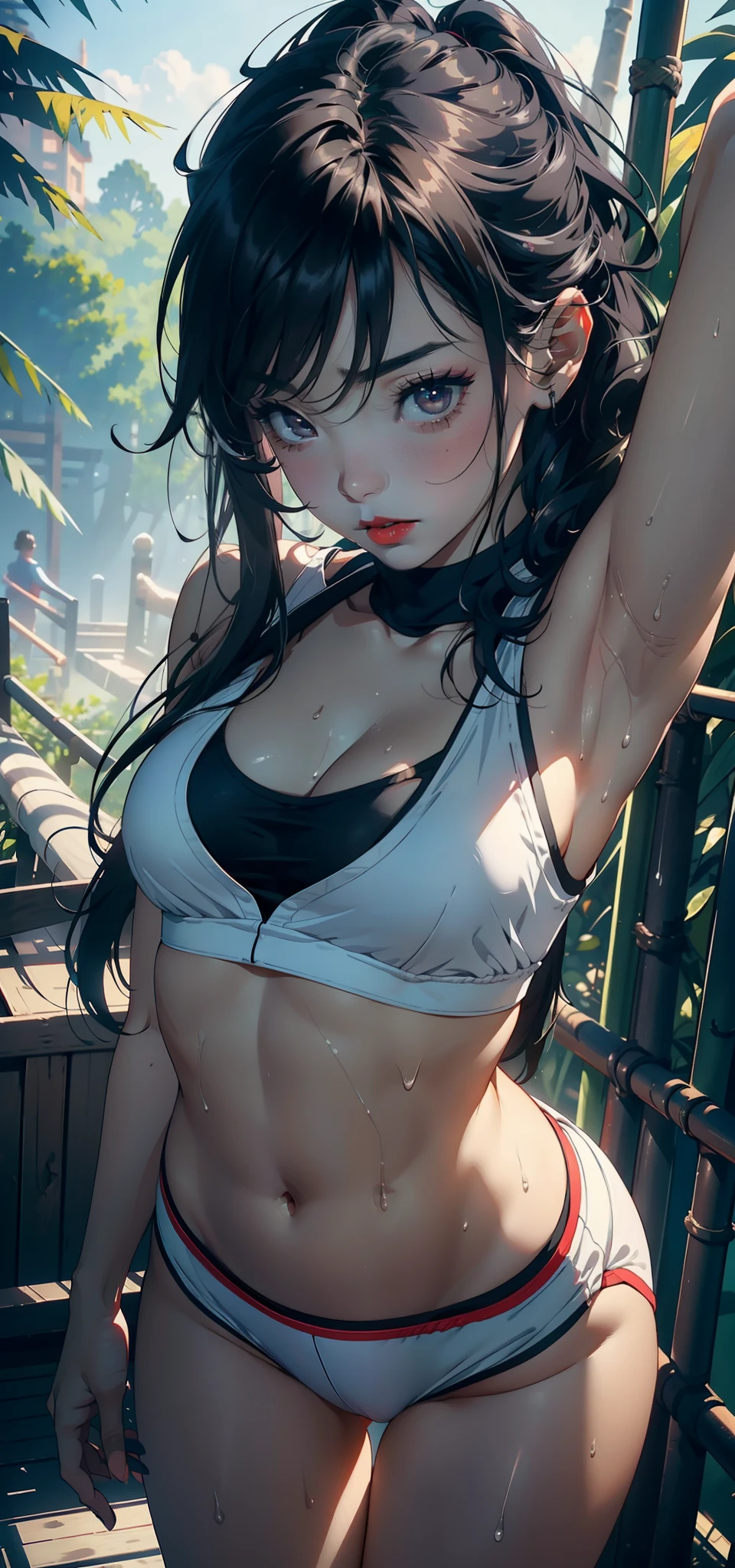 1female,3 ,Small loli,bit rl,Small breasts sexy,Pornographic exposure, 独奏,(Background with:bamboo forrest,basketball playground) She has very short black hair,standing on your feet,Sweat profusely,drenched all over the body,seen from the front, hair straight, mostly cloudy sky,(((tmasterpiece),(Very detailed CG unity 8K wallpaper),best qualtiy,cinmatic lighting,detailed back ground,beatiful detailed eyes,Bright pupils,(Very fine and beautiful),(Beautiful and detailed eye description),Black eyes,Redlip,ultra - detailed,tmasterpiece,)),facing at camera,(The upper part of the body),A high resolution,ultra - detailed),revealing breasts,Bare genitalia, Bulge,legs are open,sexyposture,Camel toes,Flushed complexion,Open-mouthed,frontage,cropped shoulders,Expose cleavage,elementary portswear set,athletic sneakers)