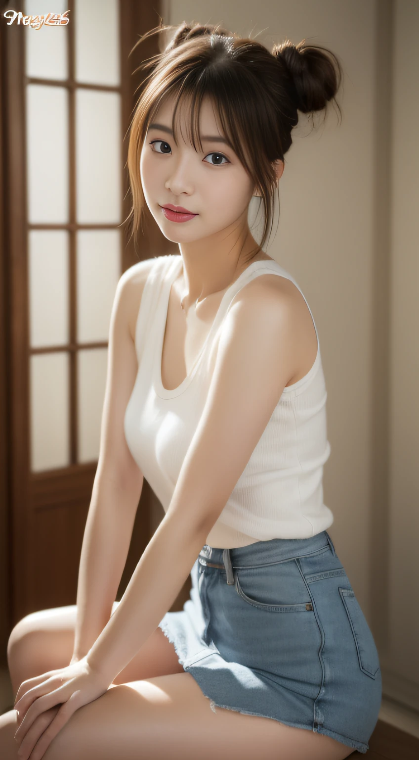 tmasterpiece、Top  Quality、(reallistic、Photorealcitic:1.4)、(Raw-Photo:1.2)、very elaborate CG Unity 8K wallpaper、Very delicately beautiful....、majestueux、attention to detail、offcial art、absurderes、Unbelievably ridiculous resolution、huge file size、Extremely fine、very elaborate、beautiful eyes and face、Beautiful exquisite eyes、light on the face、1 girl in、navels、The upper part of the body、Grey sleeveless shirt、Bare wrist、By Bangs、Uljang-6500-V1.1, Big breasts, thick-thighs, (((miniskirt))), A unique pose, ((a bun))