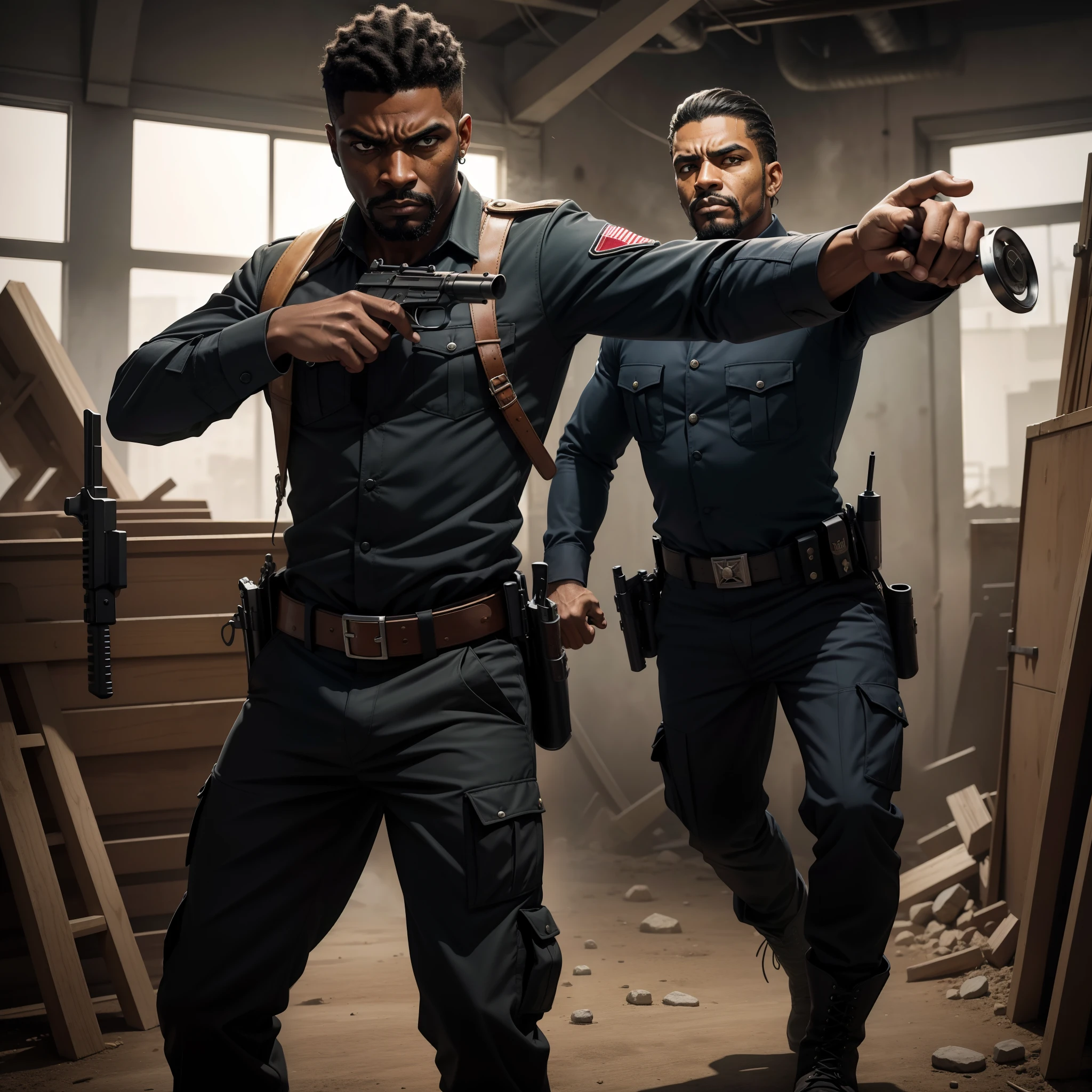 In a chaotic contemporary setting, um homem negro, bold and fearless hero, with a determined and slightly ironic look, enfrenta gangues poderosas e chefes do crime, Pointing your revolver with confidence and precision. Arte conceitual, oil art, arte de greg rutowsky. Usando um sobre tudo um pouco sujo e desgastado, military trousers and boots.