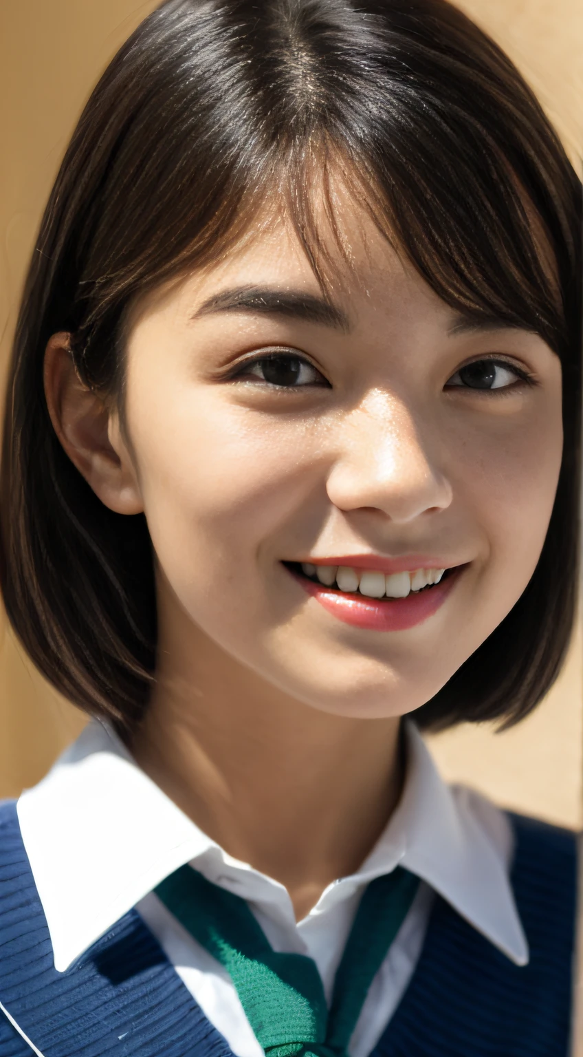 Short bob black hair、White Skin Skin、chineseidol、jung、thick eyebrows、Black eyes、biting lip、smile on face、White uniform、Green tie、Small waist、Blue short skirt、Dark blue socks、in the school classroom、sitting in the chair、Slim legs、Brown School Shoes、Realstic、in 8K、masterspiece、alta resolução、alta resolução、anatomically correcte、alta resolução、from above view、looking at the viewers