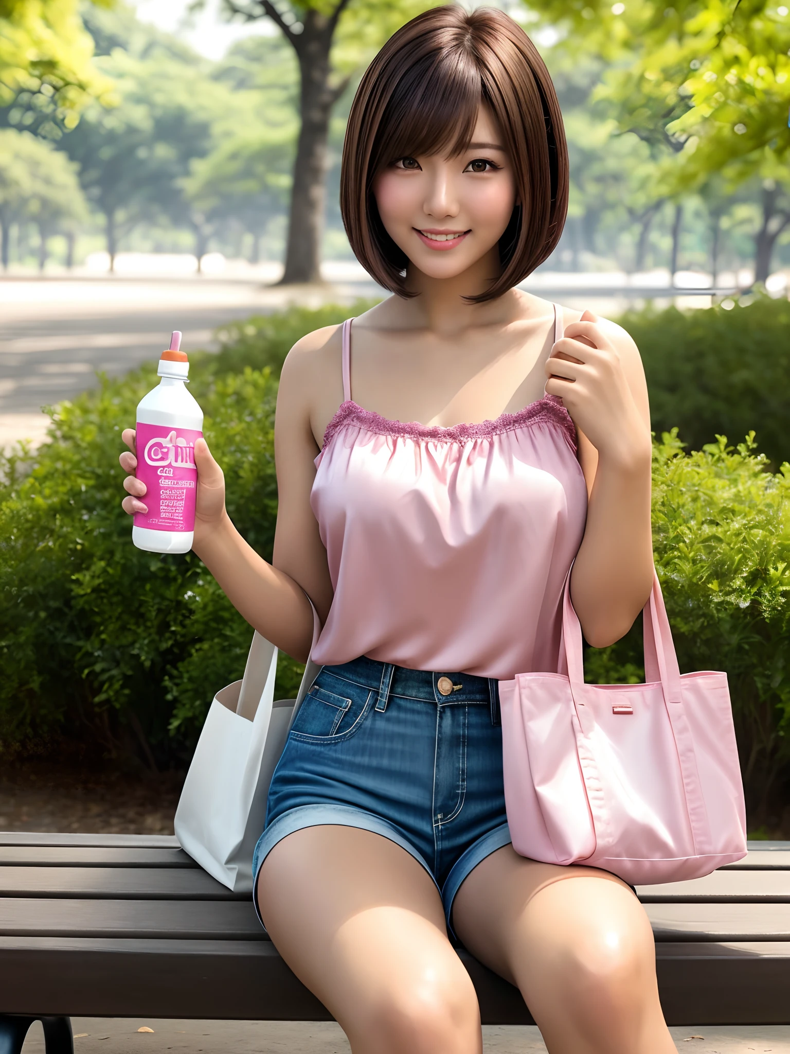 product quality, 1 girl, a cowboy shot, front view, a Japanese young pretty girl, bob hair, a tote bag placed beside her, glamorous figure, wearing a satin pink camisole, wearing short pants, sitting on a bench in a crowded park with a big smile, having a bottle of juice in her hand, hyper cute face, glossy lips, double eyelids for both eyes, natural makeup, shiny smooth light brown bob hair, asymmetrical bangs, tanned skin, central image, high resolution, high detailing, detailed hairstyle, detailed face, cinematic lighting, octane rendering, vibrant, hyper realistic, perfect limbs, perfect anatomy
