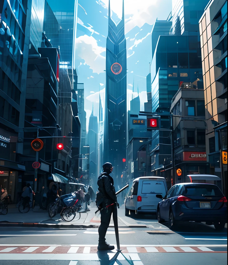 Futuristic boy with sword Standing on the street flanked by towering futuristic city buildings with obvious backs and shadows of light and shadow There are huge monsters in the sky in the distance