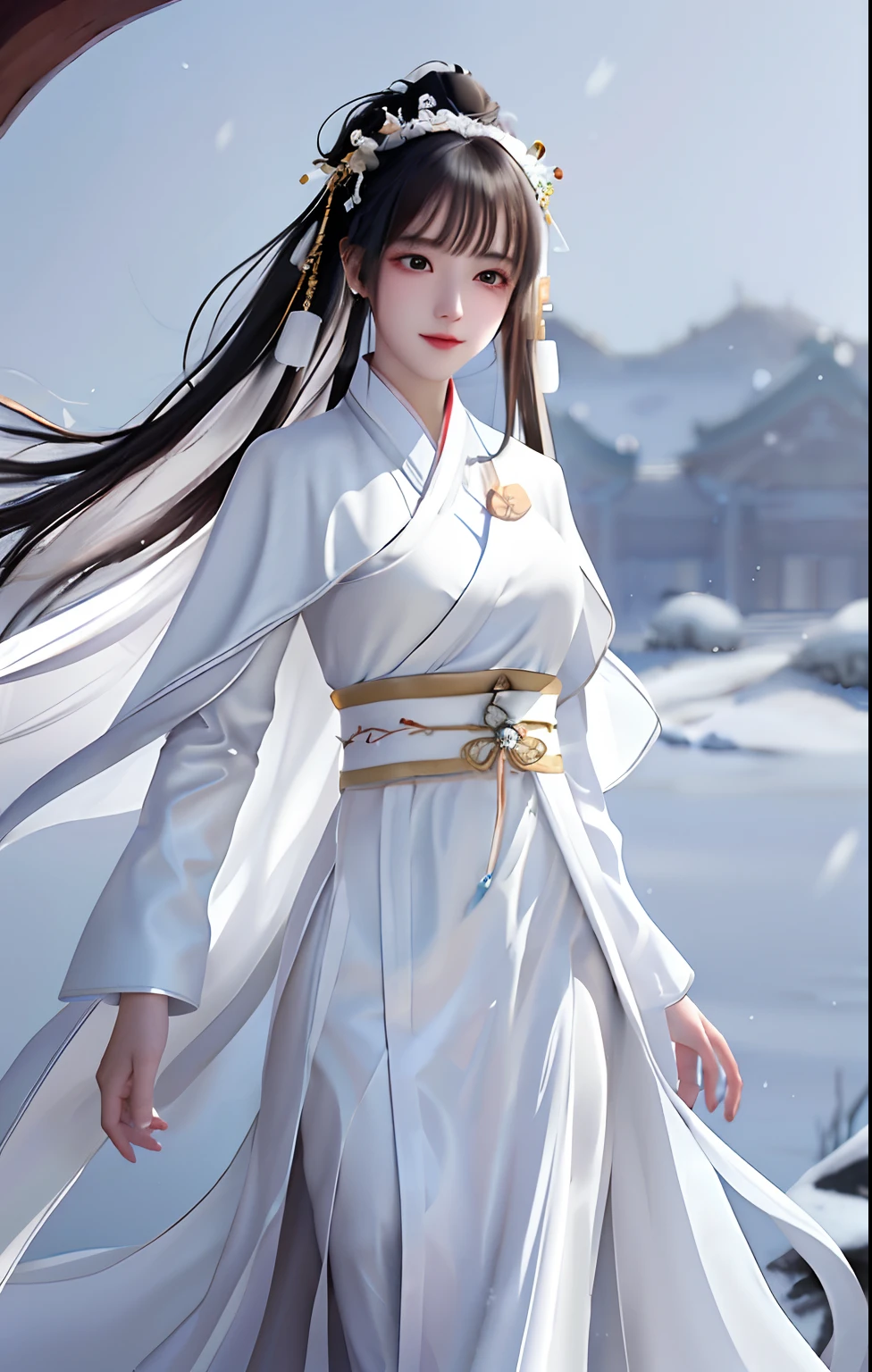 A woman in a white dress stands in the snow, White Hanfu, flowing white robe, flowing white robe, Palace , A girl in Hanfu, ancient white dress, flowing magical robe, long white cape, long white robe,Gold accents, Anime girl cosplay, flowing hair and long robes, white hime cut hairstyle, Hanfu, Wearing ancient Chinese clothes