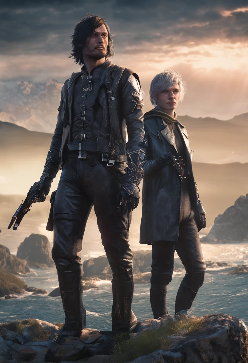 In the last act《Final Fantasy XV》Realistic portrait of Noctis Lucis Kellum and Lunaphrea Knox Fleuret from head to thigh, Tibor Najib(Tibor Nagy)Realistic illustrations , Deep blue sky magical epic vibration, Natural colors, Dynamic pose, cinematic Film still from, The universe and nebulae in the eyes, galaxias, Sky Space Background, Pedras preciosas, crystals, Flowing hair, Textured skin, Joe Courbert's style, Black and beige、Lavender color、Emerald and gold, Ted Nasmith, Germanic art, blink-and-you-miss-it detail, Wäinö Aaltonen, Imaginative character — Niji 5 — style, expressive details, textured gorgeous face, Detailed skin, Look at the lens with blue eyes, rendering by octane, hdr, cover, unzoom, Hyperdetailed painting, Luminism, Bar lighting, complex, 8k resolution concept art portrait,greg rutkovsky, Wes Anderson's style, Art germ, Phlegm sputum, phlegm, Alphonse Mucha, little fusion pojatti realistic goth, fractal isometrics details bioluminescens : a stunning realistic photograph