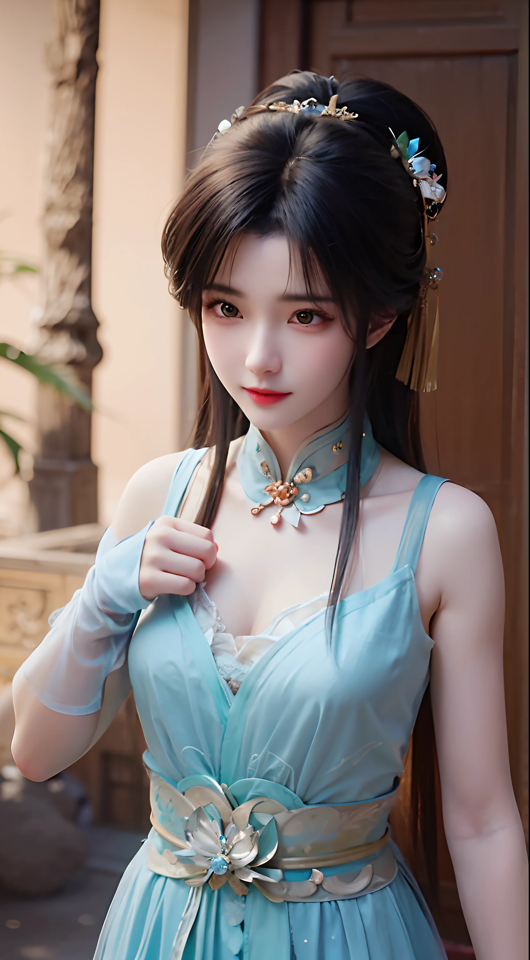 Close-up of a woman in a blue dress holding an umbrella, Anime girl cosplay, Anime cosplay, a beautiful fantasy empress, inspired by Leng Mei, Inspired by Lan Ying, full-body xianxia, ((a beautiful fantasy empress)), Chinese girl, Ruan Jia and Artgerm, Anime goddess, Chinese style, elegant glamourous cosplay, beautiful age girl