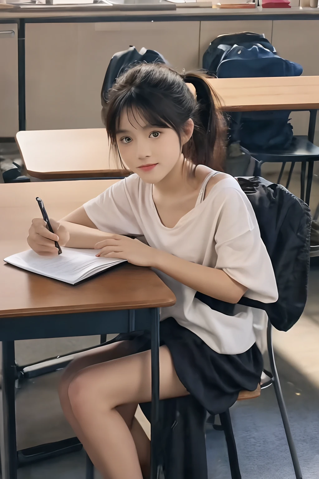 Masterpiece, Best quality, Masterpiece,Best quality,offcial art,Extremely detailed Cg Unity 8K wallpaper, day, Realistic, Real, Chinese, Student, cute female , kawaii, Littl,Girl, Medium hair, Black hair, short_pony tails, Fake smile, eyeball, Small breasts, Short shorts, Bare legs, {{{{Looking down}}}}, Asian,{Aerial view},{high-angle},{Look from top to bottom},{Classroom},{sit on chair},{Write on the table},{White T-shirt},{{bra strap}},Victorian,{{Keep your head down and do your homework}},{{{{underwear}}}},{book},{Expose the underwear shoulder straps},{{peep}},{{{Bra }}}, {Frilled bra },