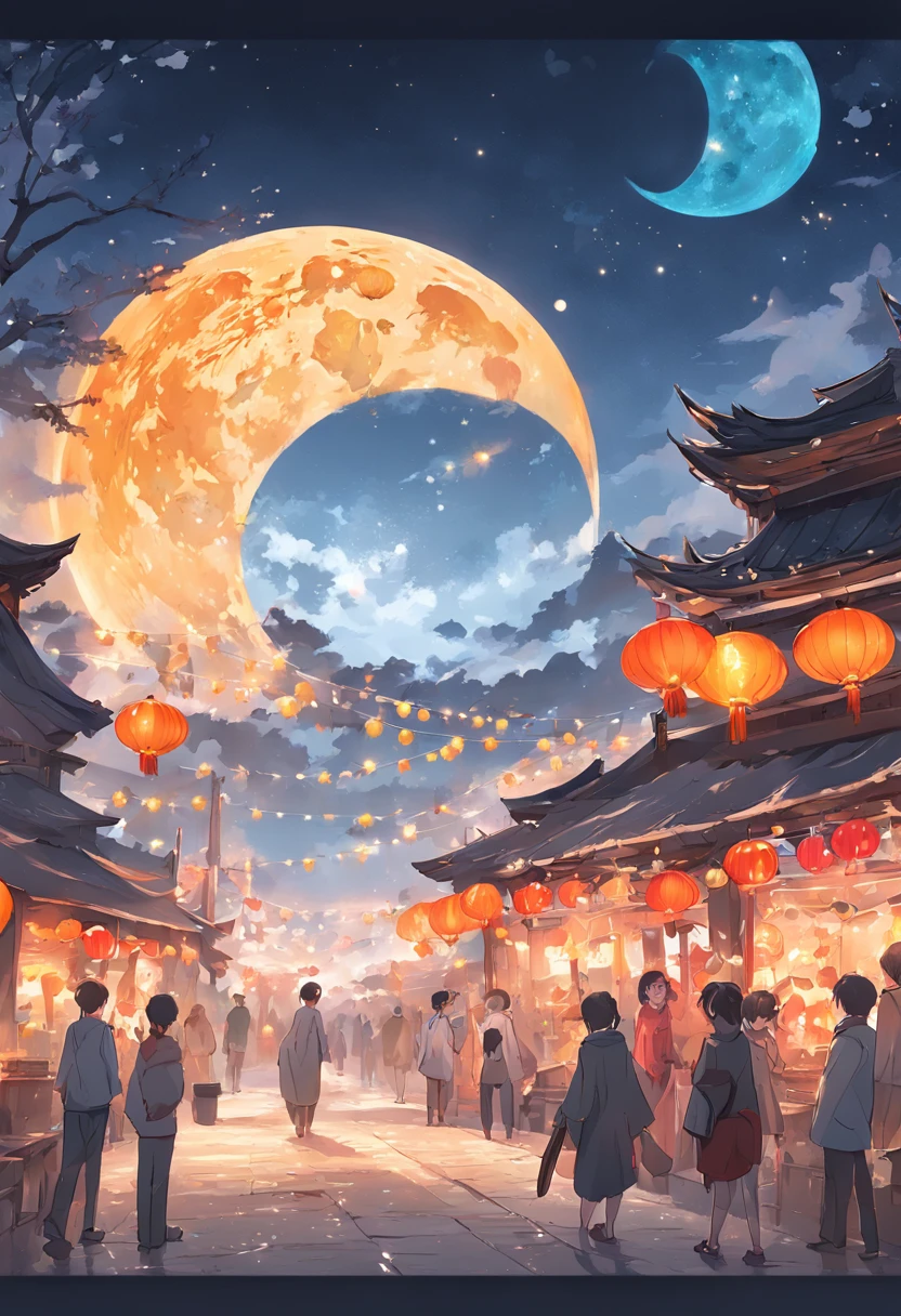 mid-autumn festival、Moon、themoon、Solar stars、Mooncake stalls、concert、band、fire works、UAVs、environment friendly、tradit、celebrating、enviroment、The villagers、Plaza、Bamboo lanterns、the night、celebrating、Artistically、device、decor、castoff、economize、resource,high definition resolution
