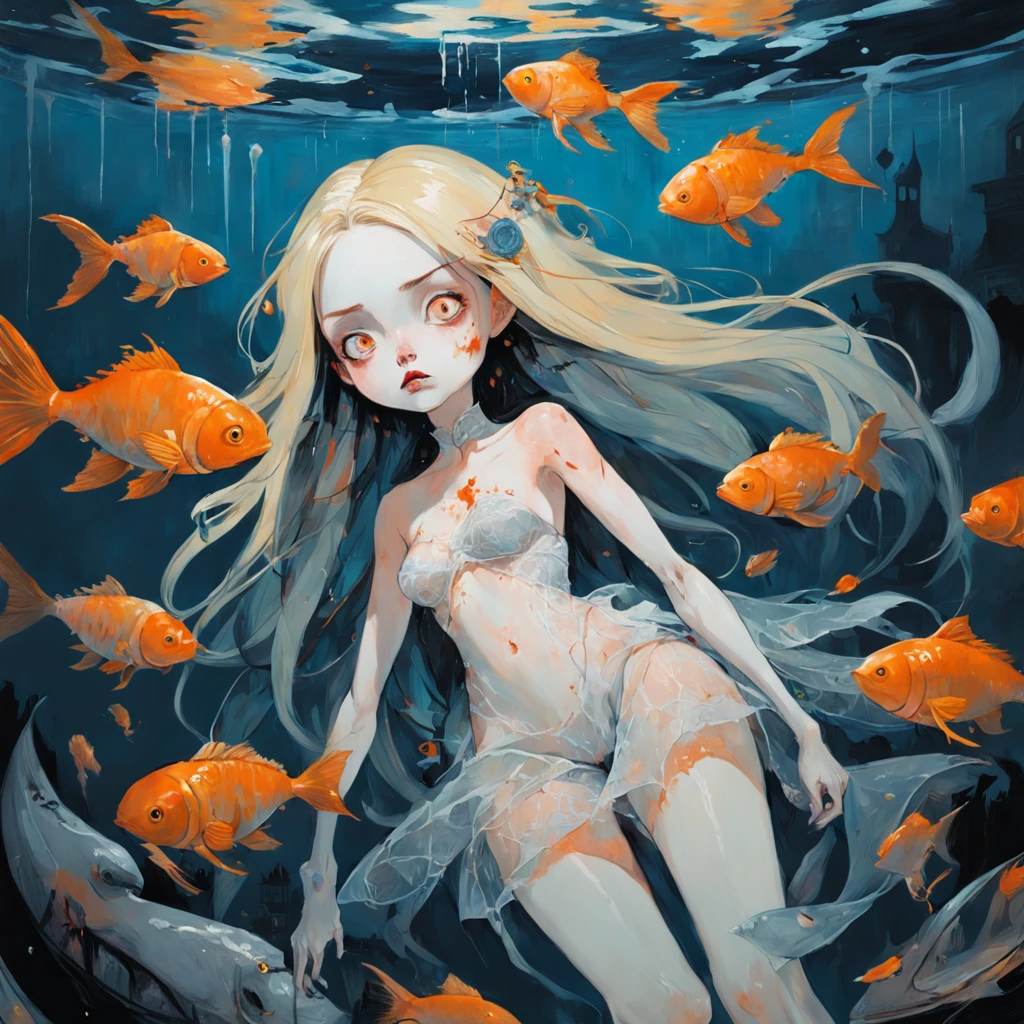 girl floating, golden fish around she, orange, Doll. In the style of Adrian Ghenie, Esao Andrews, Jenny Saville, Edward Hopper, surrealism, Dark Art par James Jean, Takato Yamamoto, Minimalisme inkpunk. Dans le style Tim Burton. Dans le style Addams Family. Dans le style Corpse Bride.