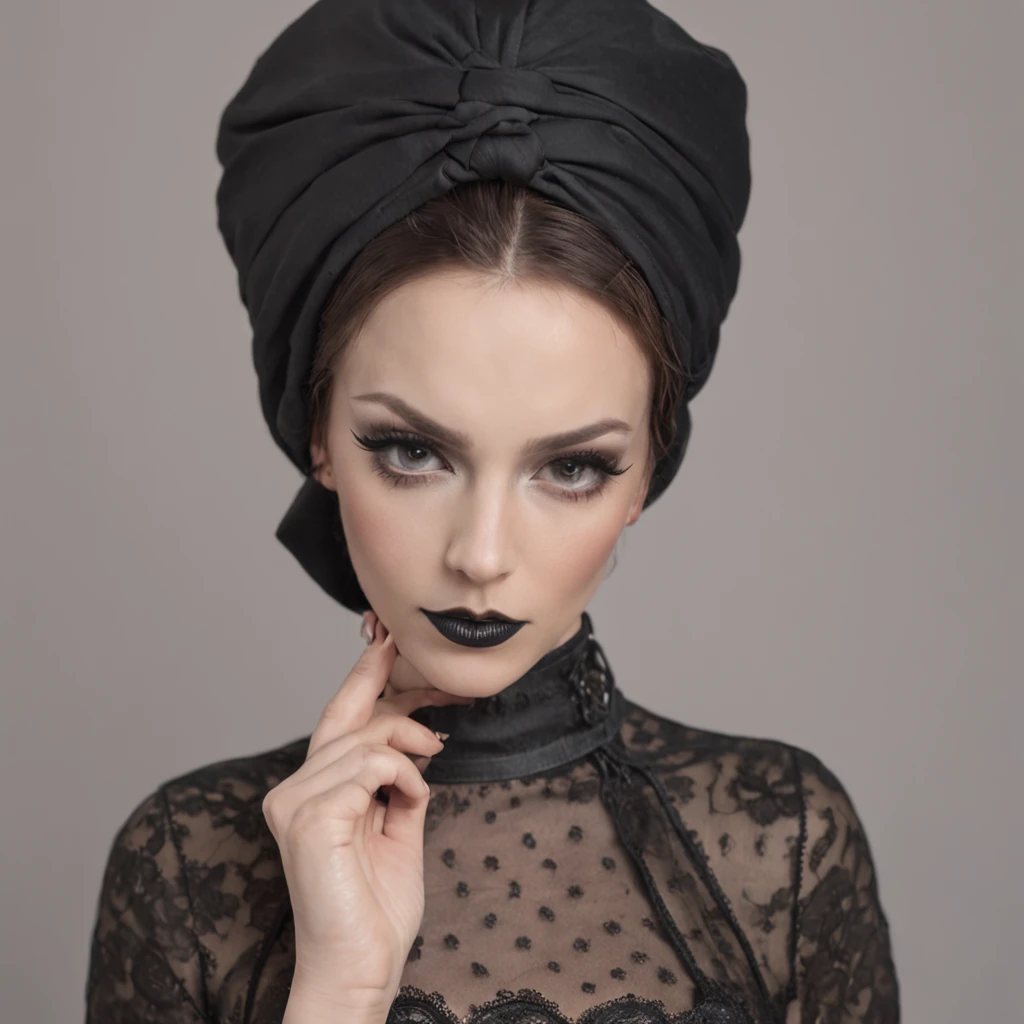portrait of a sultry adult female with long black black, wearing blindfold, wearing black lipstick, sexy, solo, alone, nsfw, wearing bdsm gear