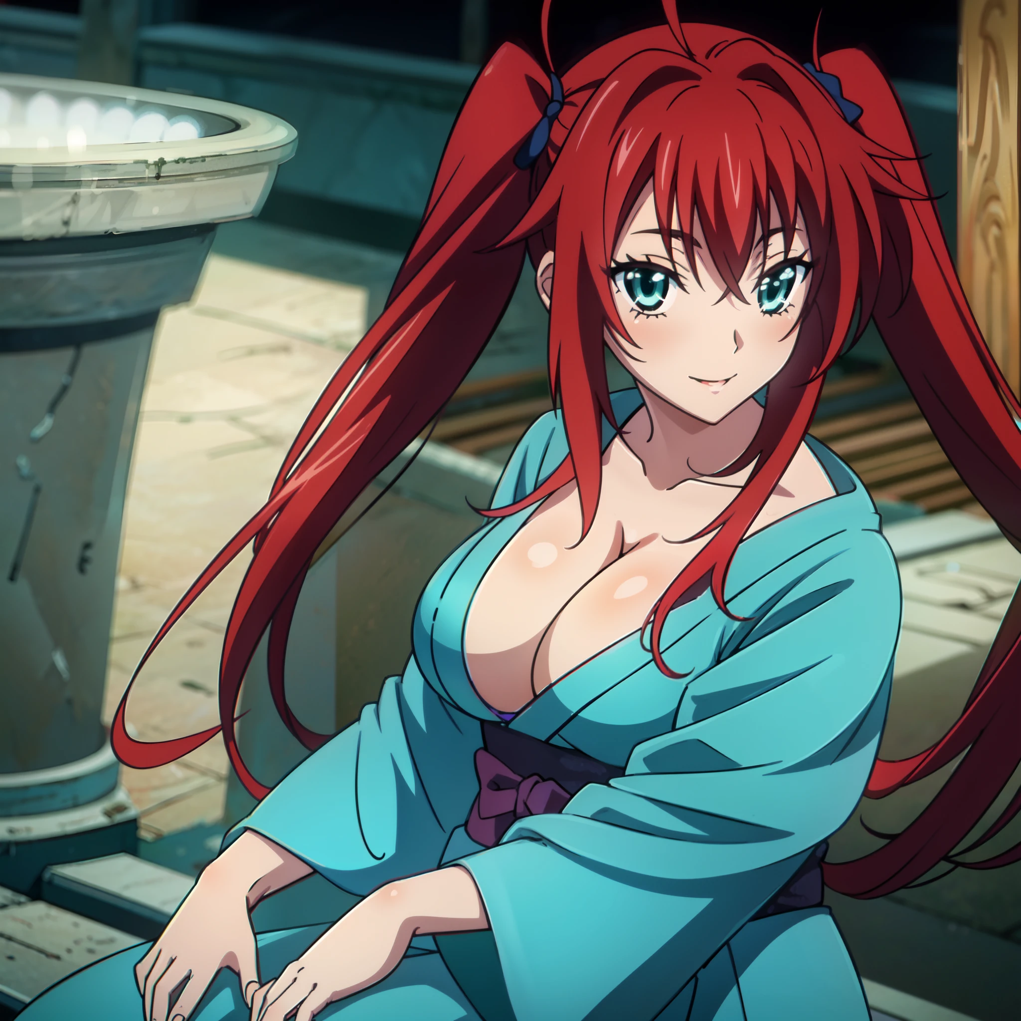 masterpiece, high quality, extremely detailed, 1girl, milf, solo, rias gremory, large breasts, red hair, very long hair, twintails, parted lips, fingernails, aqua eyes, kimono, black pantyhose, light smile, anime