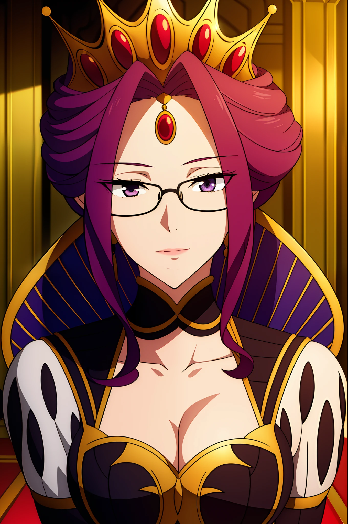 (Sunset:1.2),in a castle, a large hall ,a red carpet on the floor,
Standing at attention,
Queen Dress,long sleeves,golden crown with gem,collarbone, deep cleavage, 
purple_hair, purple_eyes, jewelry, earrings,
1 girl, 20yo,Young female,Beautiful Finger,Beautiful long legs,Beautiful body,
Beautiful Nose,Beautiful character design, perfect eyes, perfect face,expressive eyes,
looking at viewer, in the center of the image,(Upper_body),(Focus on her face),
official art,extremely detailed CG unity 8k wallpaper, perfect lighting,Colorful, Bright_Front_face_Lighting,shiny skin,
(masterpiece:1.0),(best_quality:1.0), ultra high res,4K,ultra-detailed,
photography, 8K, HDR, highres, absurdres:1.2, Kodak portra 400, film grain, blurry background, bokeh:1.2, lens flare, (vibrant_color:1.2)
(Beautiful,Breasts), (beautiful_face:1.5),(narrow_waist), (((glasses:0.9))), ((tsundere)), tall, beautiful, medium breast, ((round eyewear:0.9)), ((military pants:0.5)), ((polo shirt:0.4))