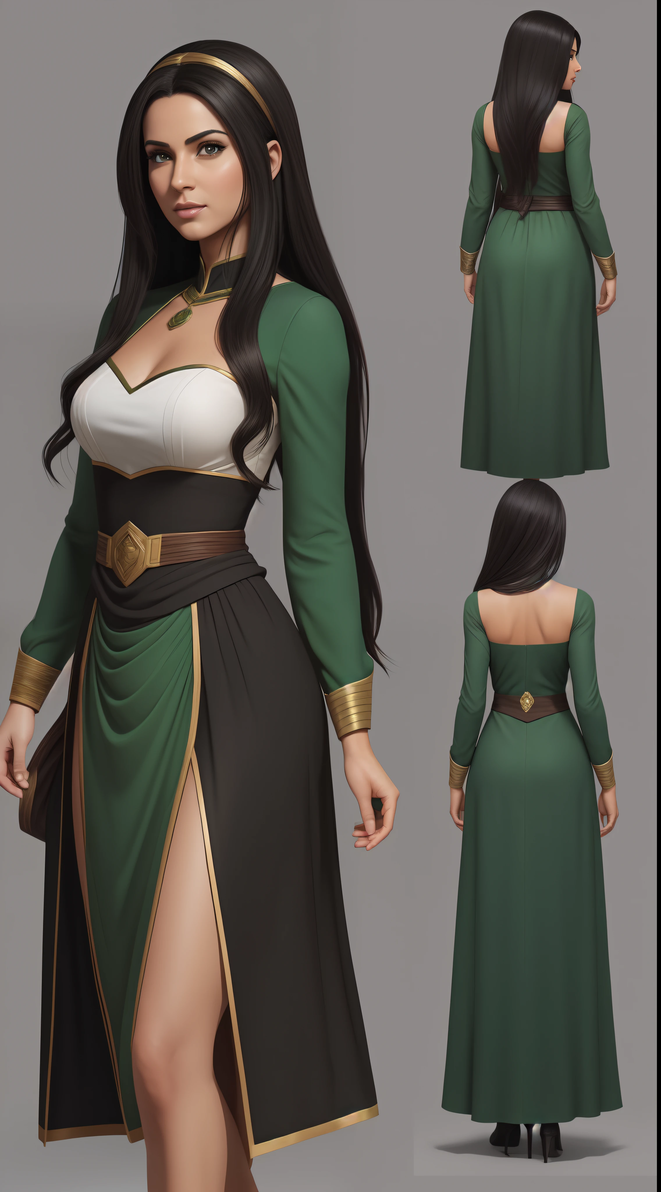 (comic book art style), (Soap-Committee on ArtStation art style), full body view, full shot, front view, back view, character design, character sheet, natural woman, long waist length black hair, black eyes, javanesse traditional attire, green colour wearing, strong highlights, sharp outlines, sharp shadows, 8k, high quality, solid white background, (photo realistic).