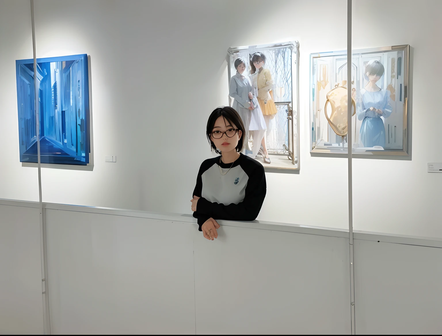 (tmasterpiece)(Lots of detail)(8K)In front of the railing stood a woman。。。。,(short detailed hair)(wears glasses)((Complete and delicate face))((Nice face))Face the lens,Painted on the wall, in an art gallery, in the gallery, White walls,White railing,Bright surroundings