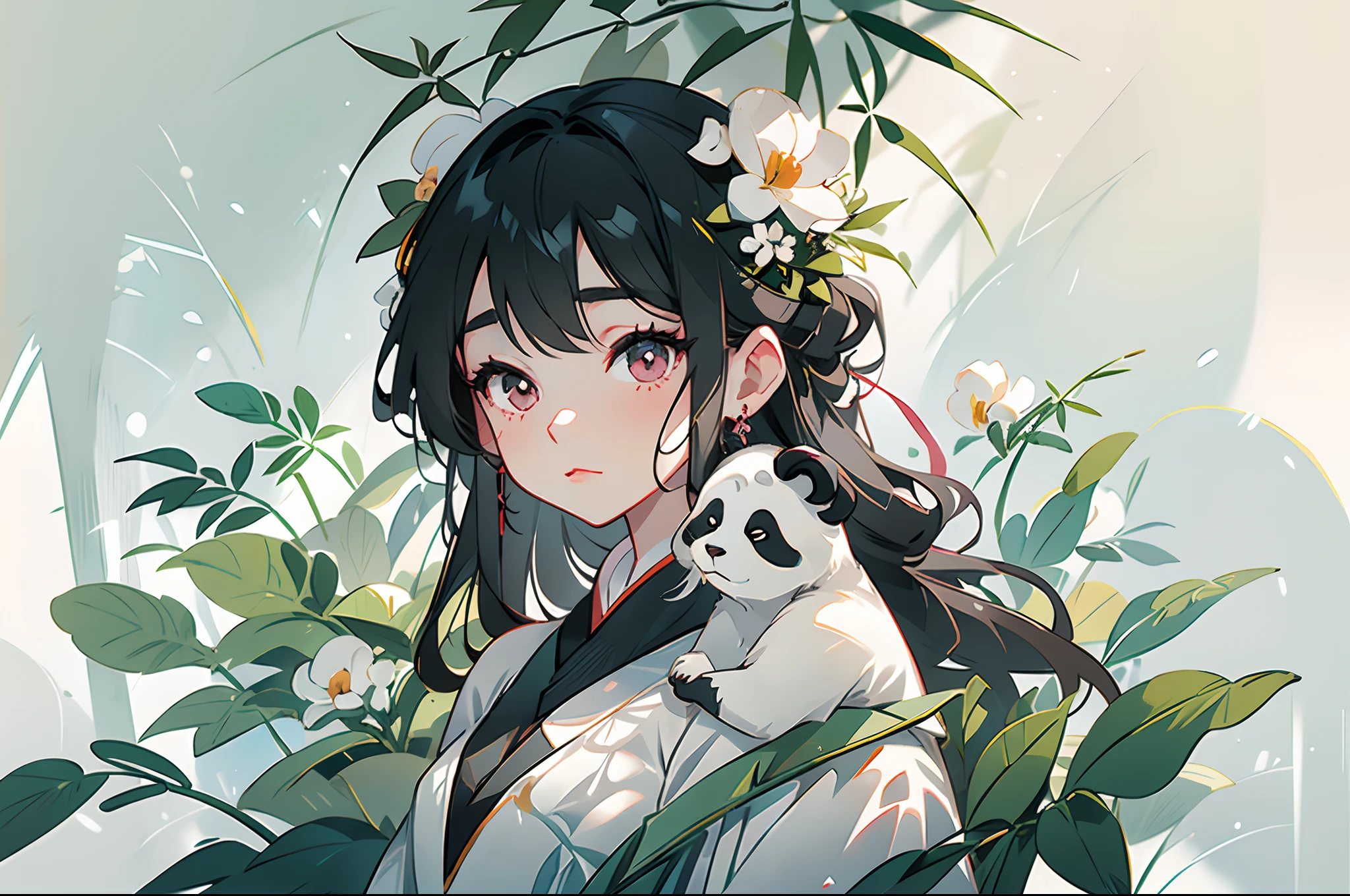 white backgrounid,Under bamboo leaves, The panda sits on a branch,(1 girl:1.5,Above the shoulder,facing to audience),(Pink and white clothes,facial closeups,big beatiful eyes,detailed face with,Flashy clothes),Ethereal panda,(Chinese Panda),Dreamy,Onmyoji detailed art,A beautiful artwork illustration,mythological creatures,pandas,Beautiful digital artwork